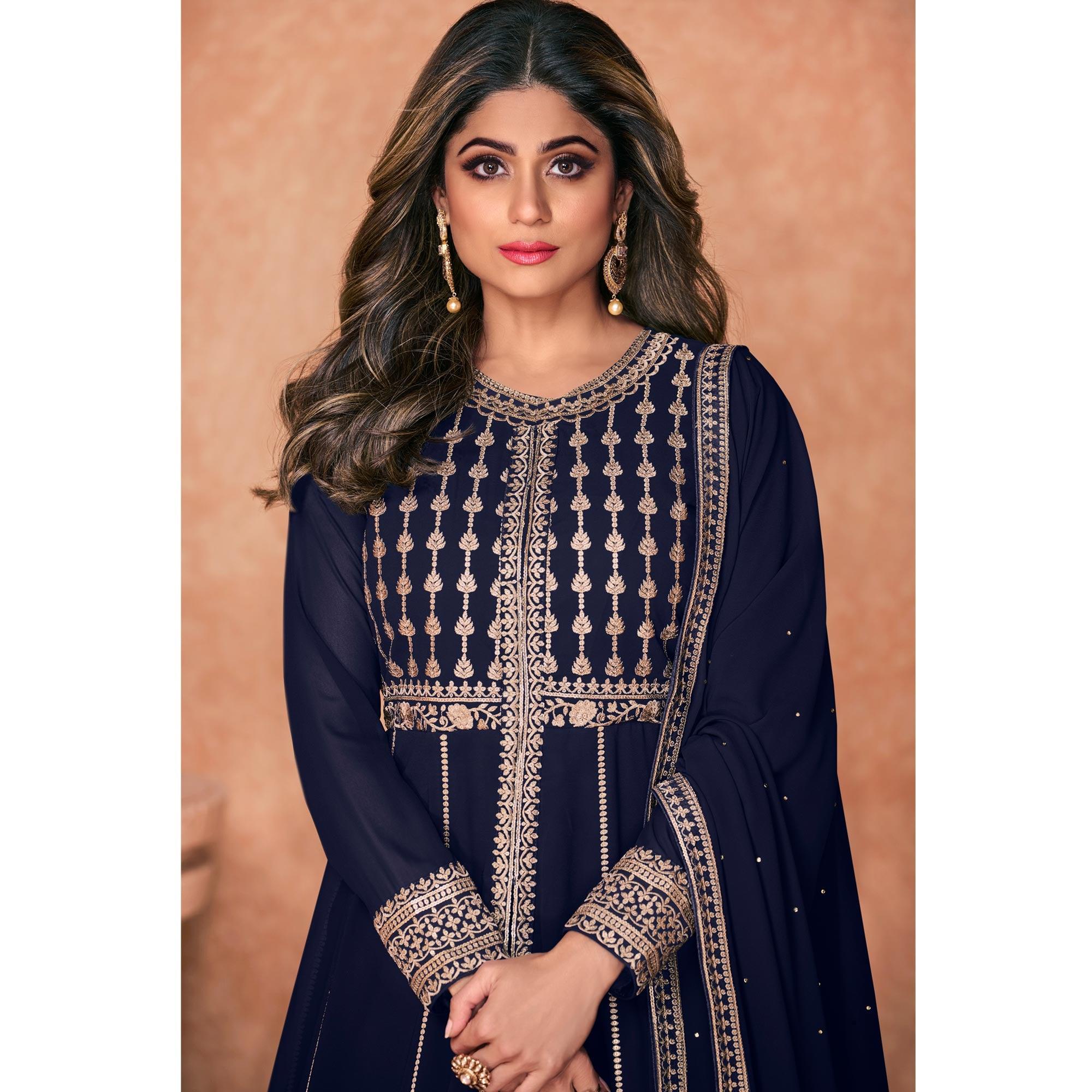 Navy Blue Embroidered Georgette Anarkali Style Gown - Peachmode