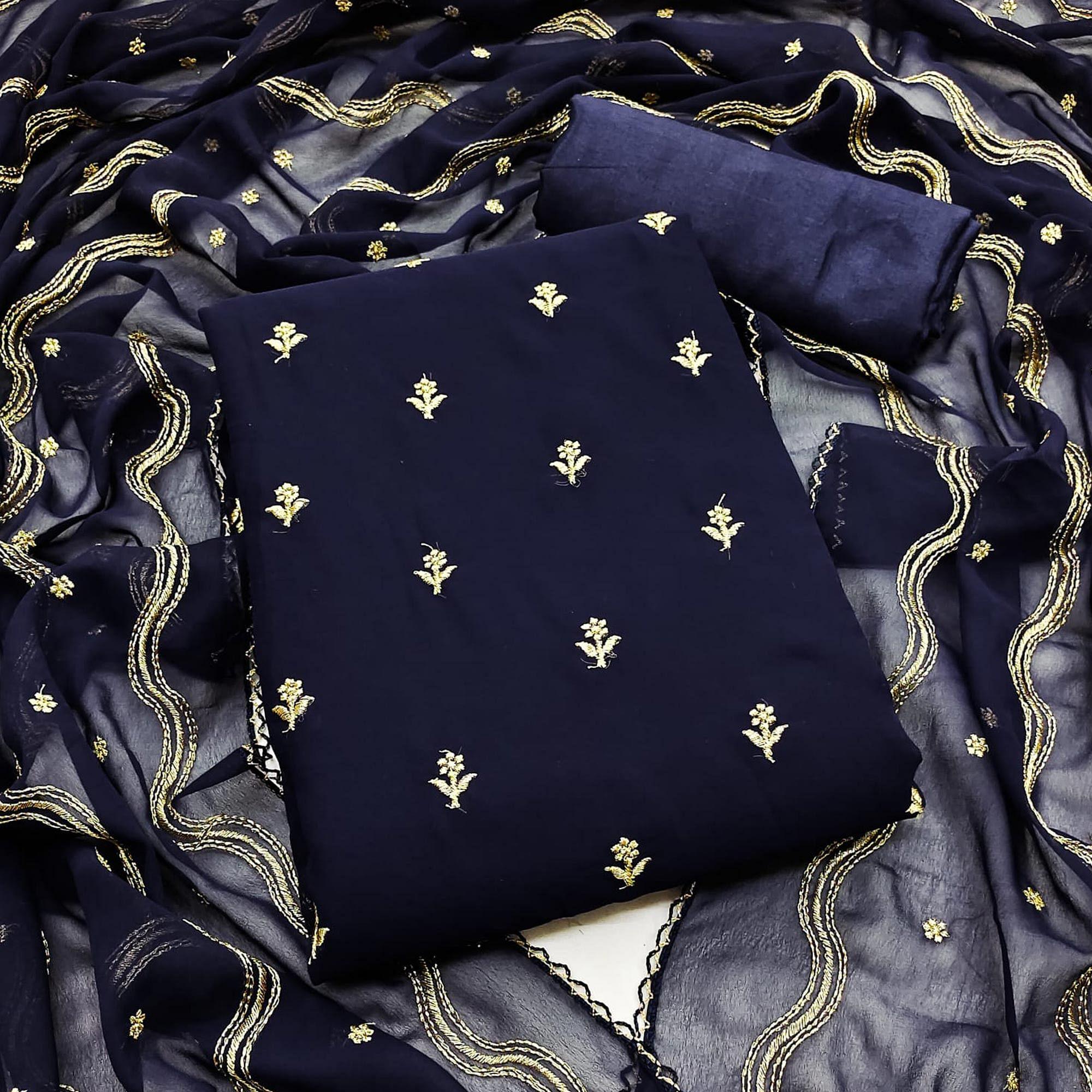 Navy Blue Embroidered Georgette Dress Material - Peachmode