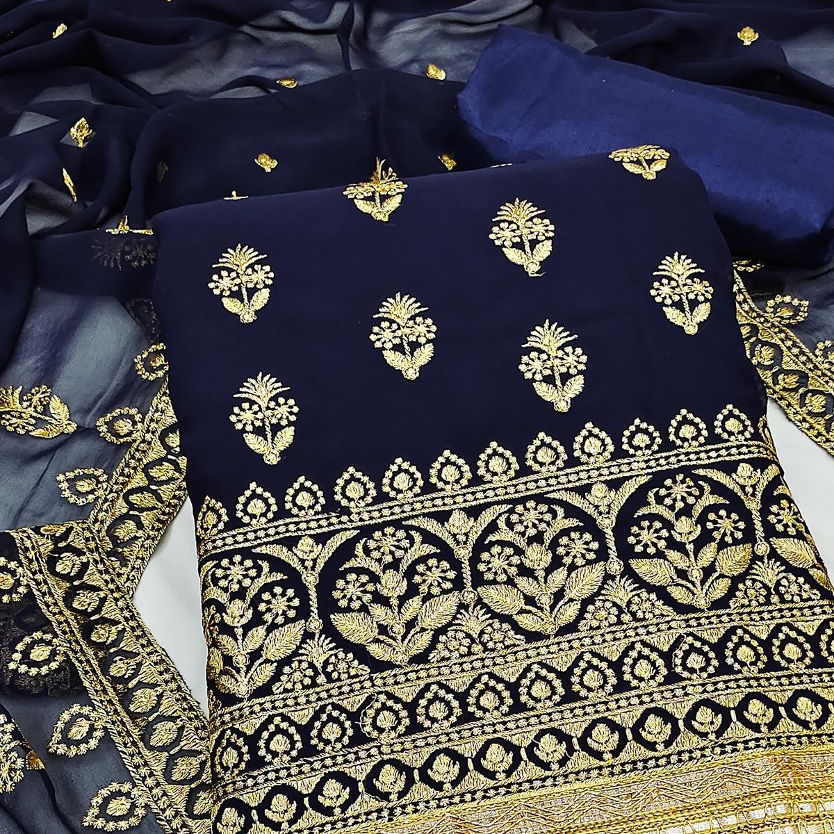 Navy Blue Embroidered Georgette Dress Material - Peachmode