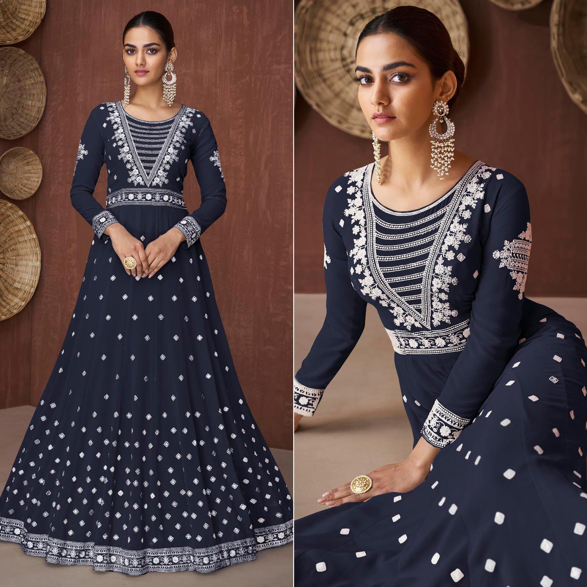 Navy Blue Embroidered Georgette Gown - Peachmode