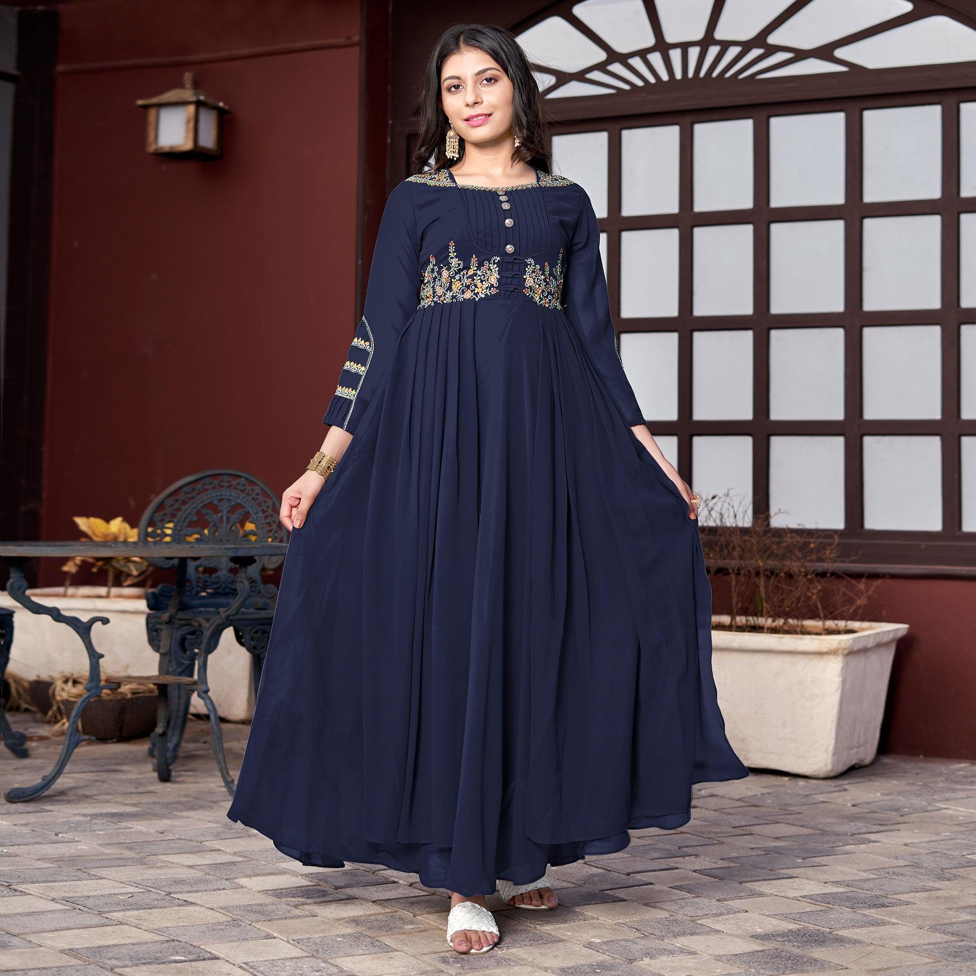 Navy Blue Embroidered Georgette Gown - Peachmode