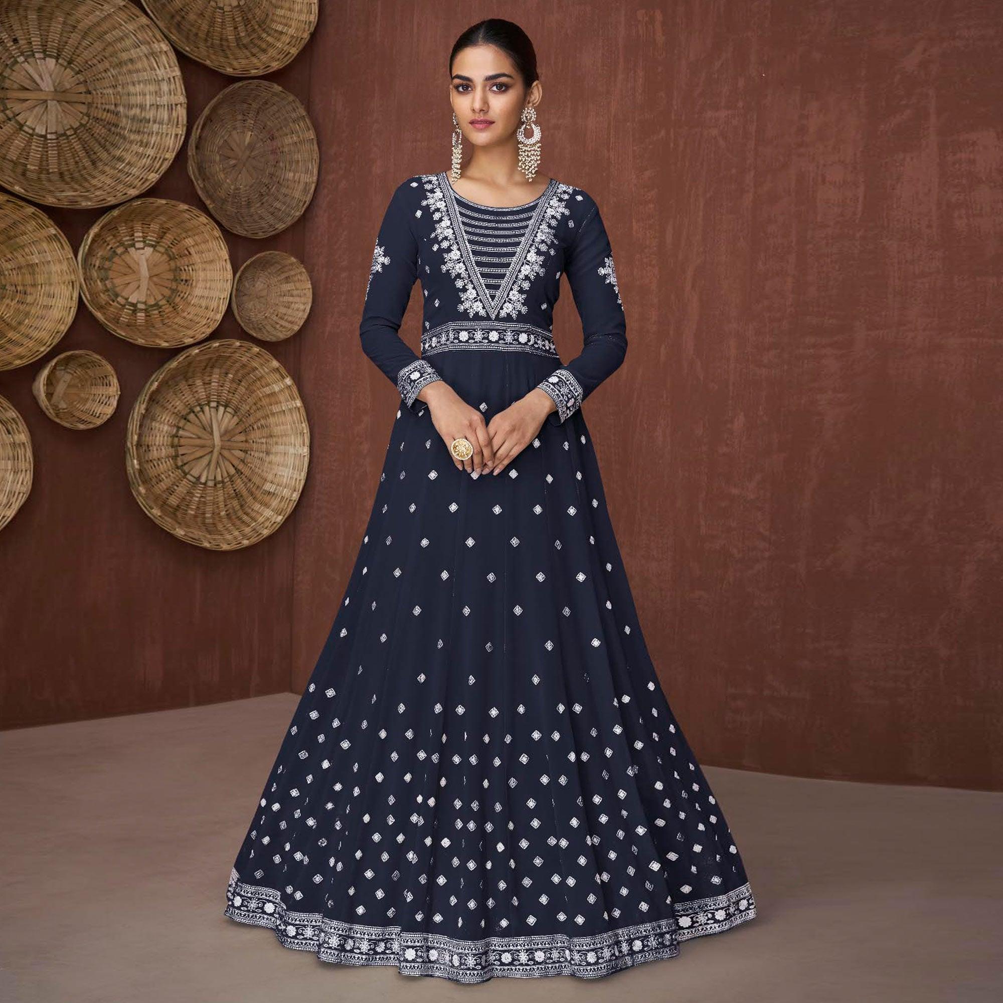 Navy Blue Embroidered Georgette Gown - Peachmode