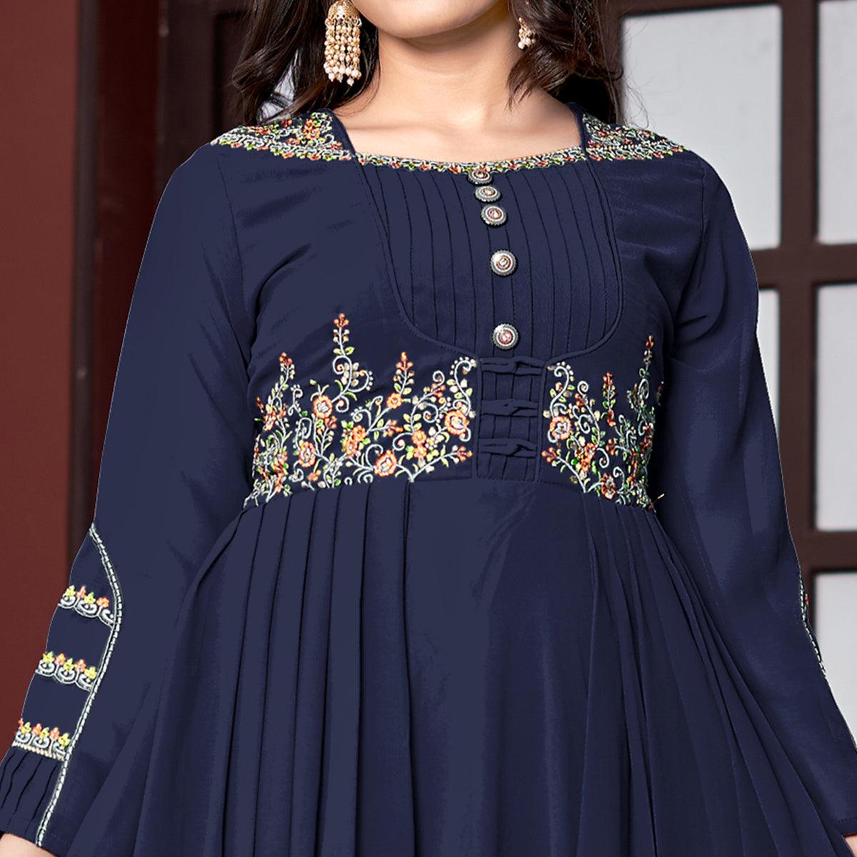 Navy Blue Embroidered Georgette Gown - Peachmode