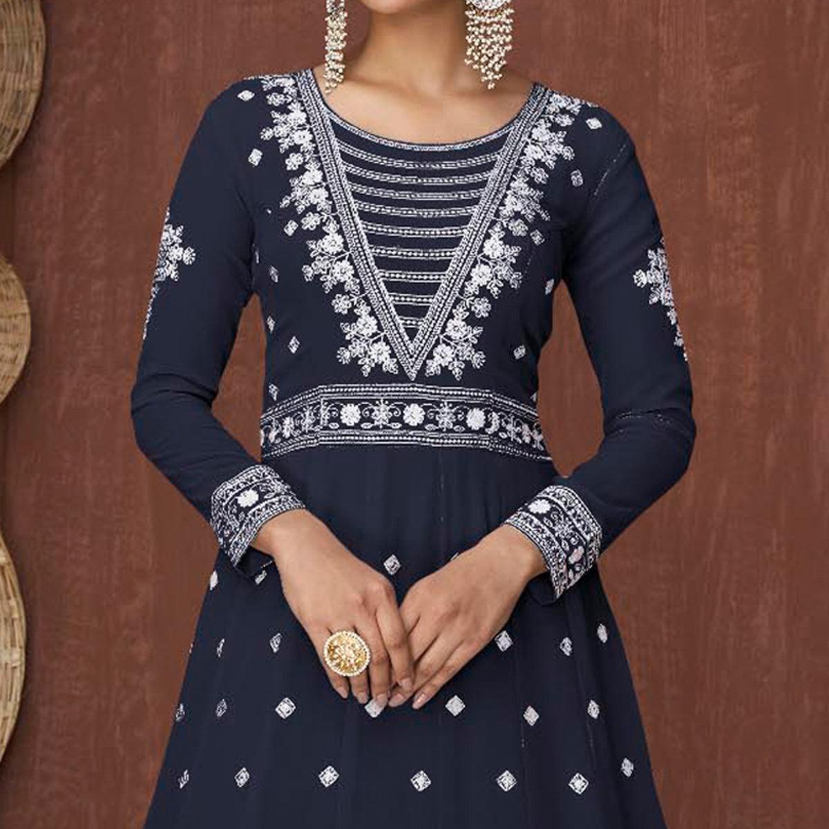 Navy Blue Embroidered Georgette Gown - Peachmode