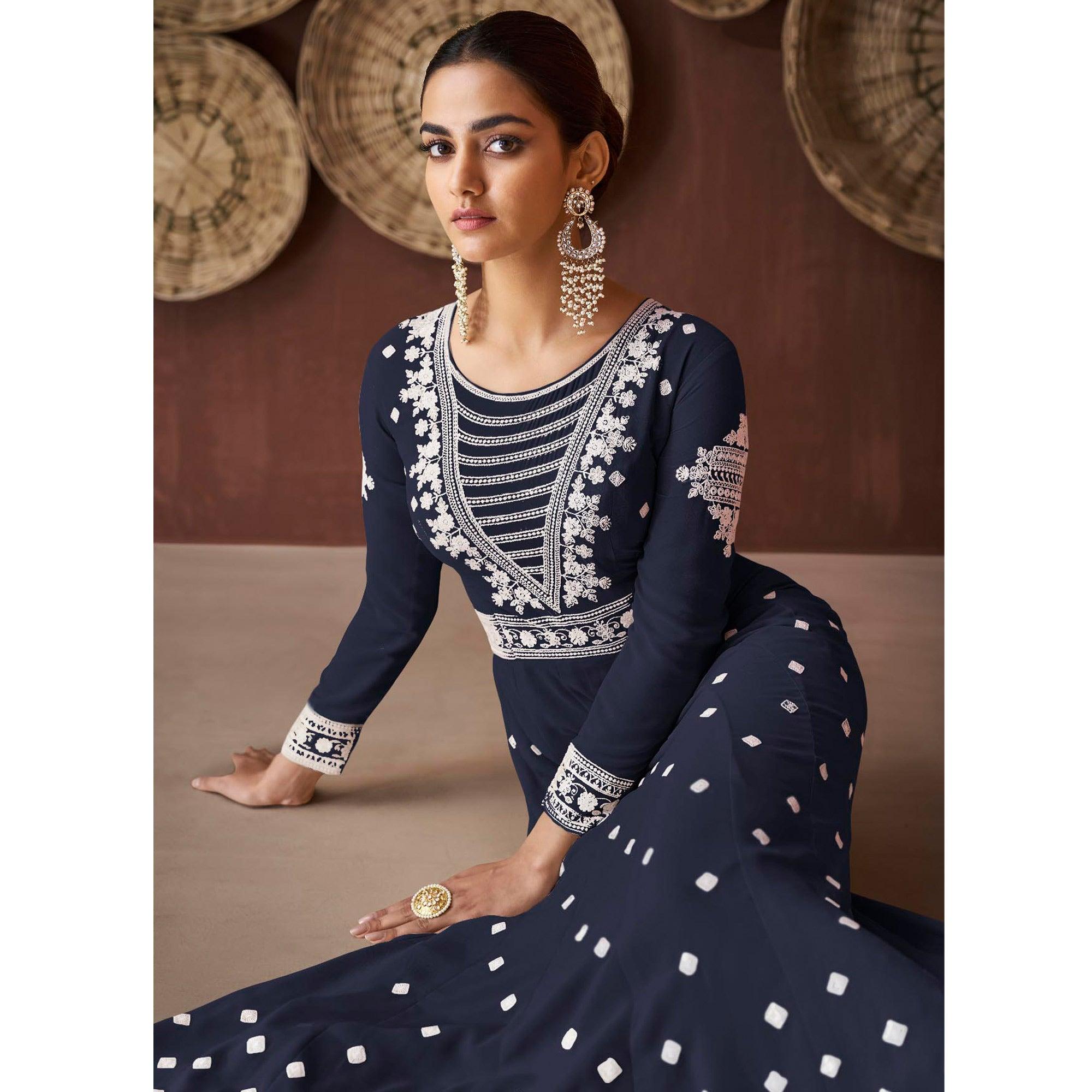 Navy Blue Embroidered Georgette Gown - Peachmode