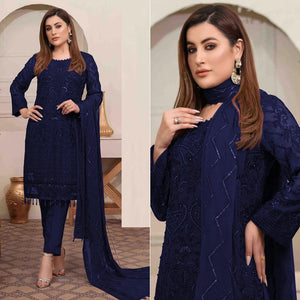 Navy Blue Embroidered Georgette Pakistani Suit - Peachmode