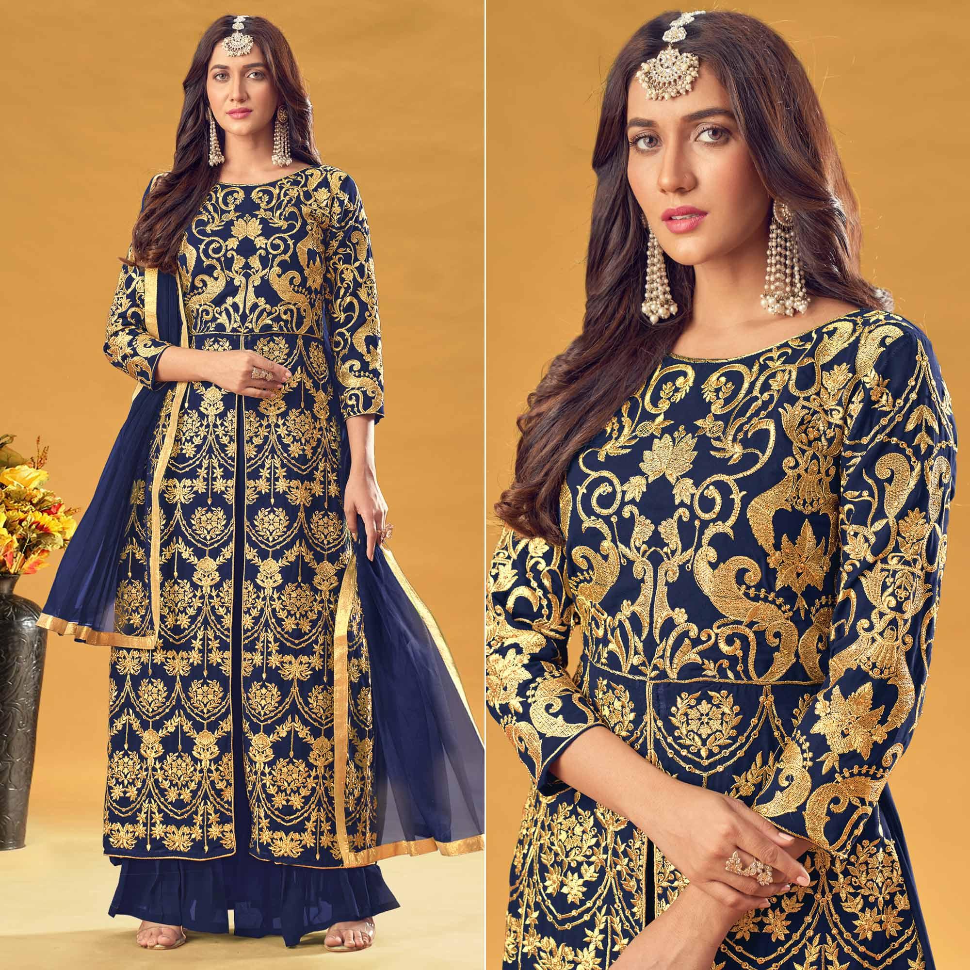 Navy Blue Embroidered Georgette Pakistani Suit - Peachmode