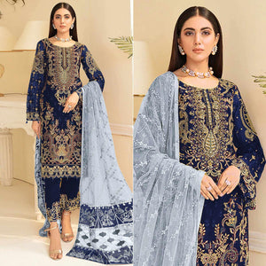 Navy Blue Embroidered Georgette Pakistani Suit - Peachmode