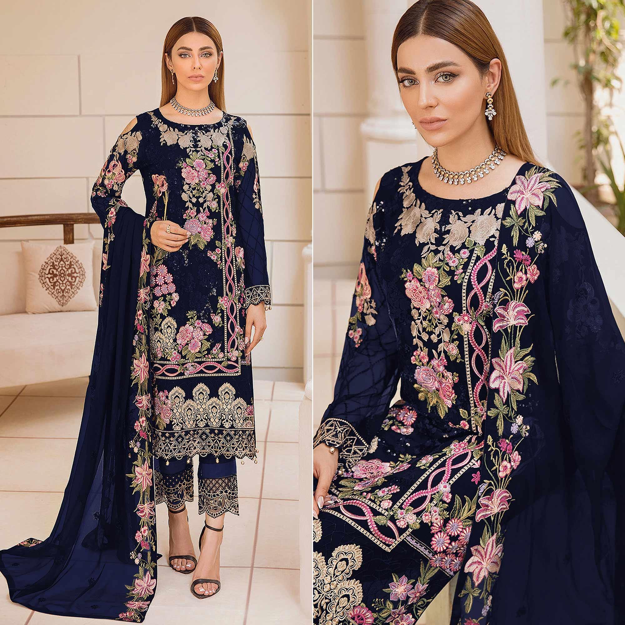 Navy Blue Embroidered Georgette Pakistani Suit - Peachmode