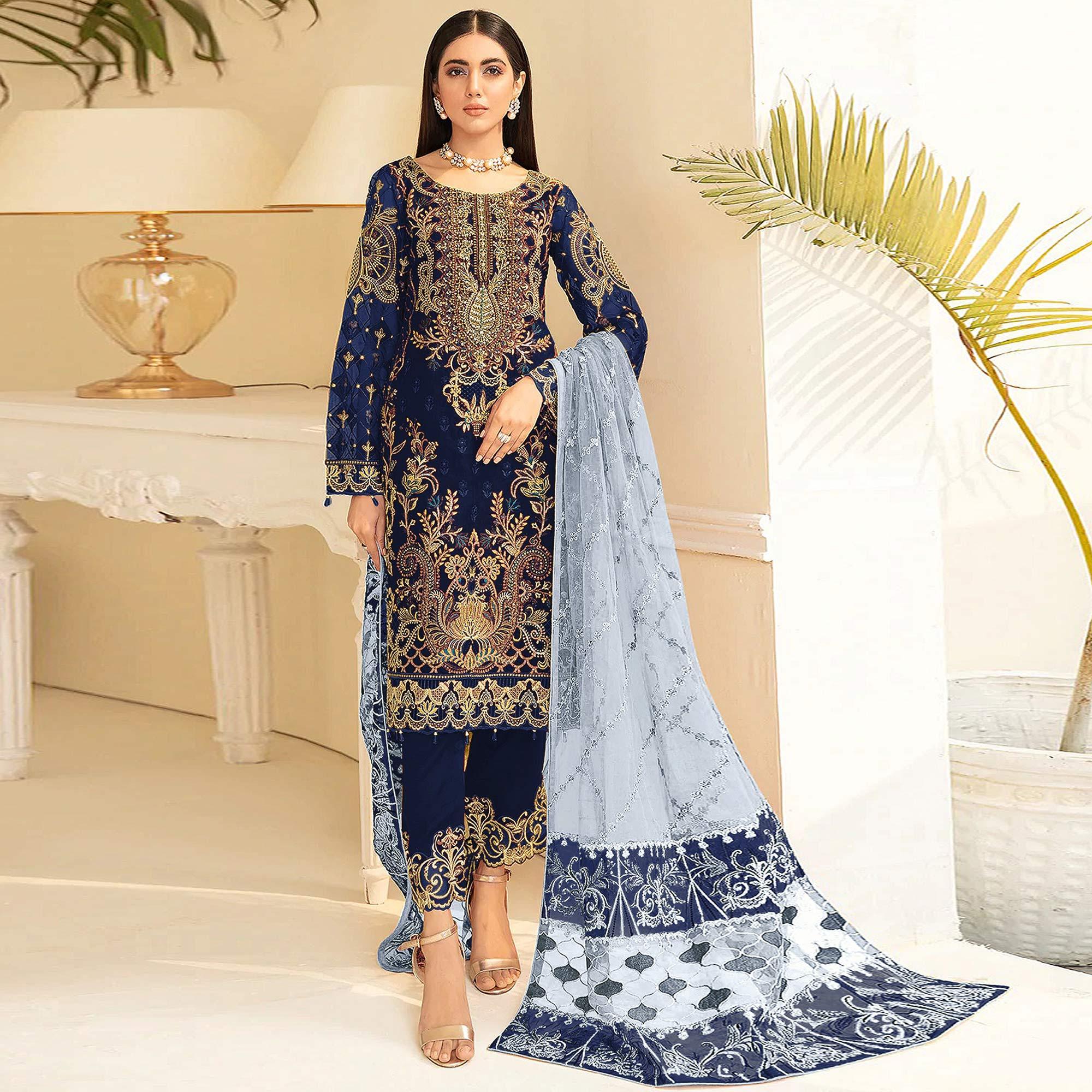 Navy Blue Embroidered Georgette Pakistani Suit - Peachmode