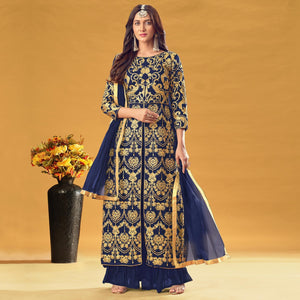 Navy Blue Embroidered Georgette Pakistani Suit - Peachmode