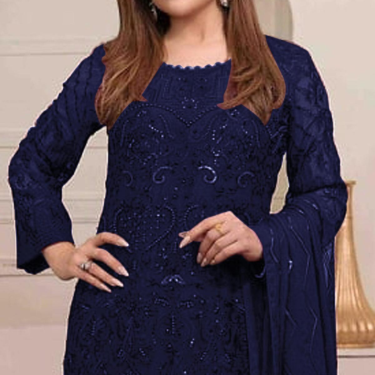 Navy Blue Embroidered Georgette Pakistani Suit - Peachmode