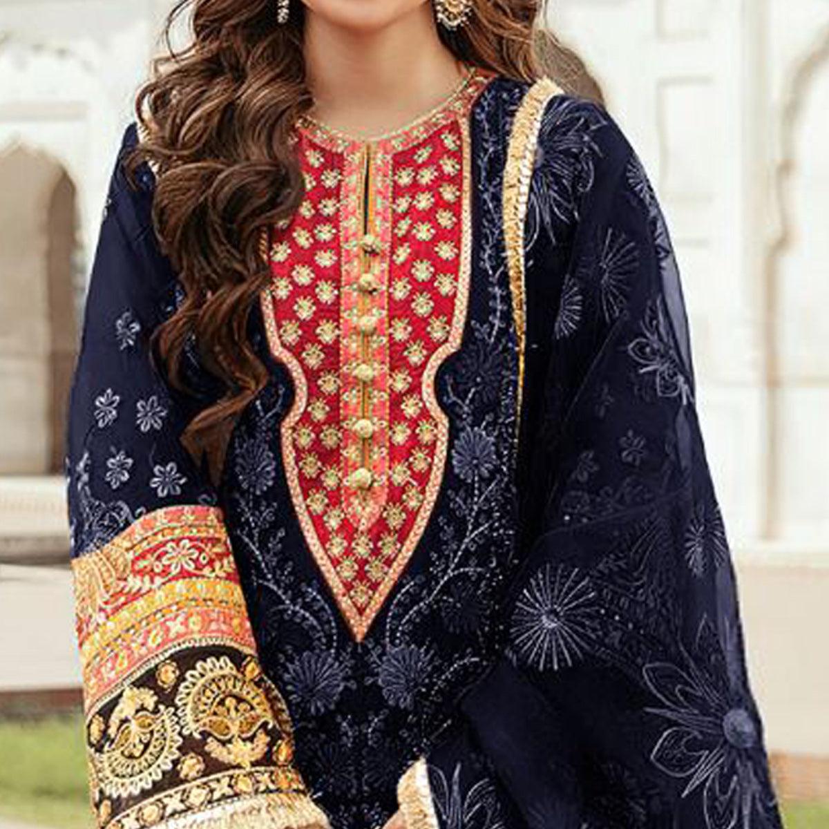 Navy Blue Embroidered Georgette Pakistani Suit - Peachmode