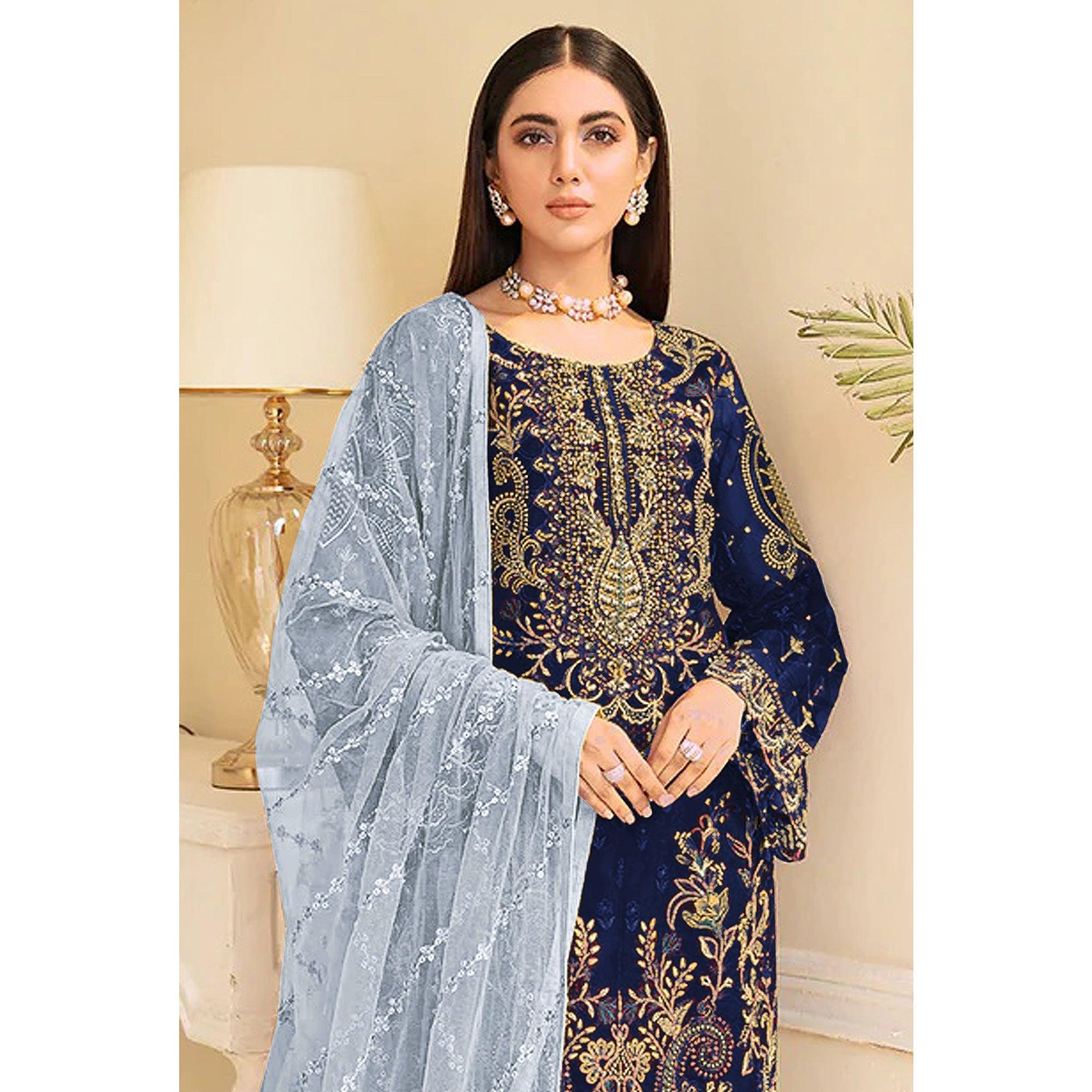 Navy Blue Embroidered Georgette Pakistani Suit - Peachmode