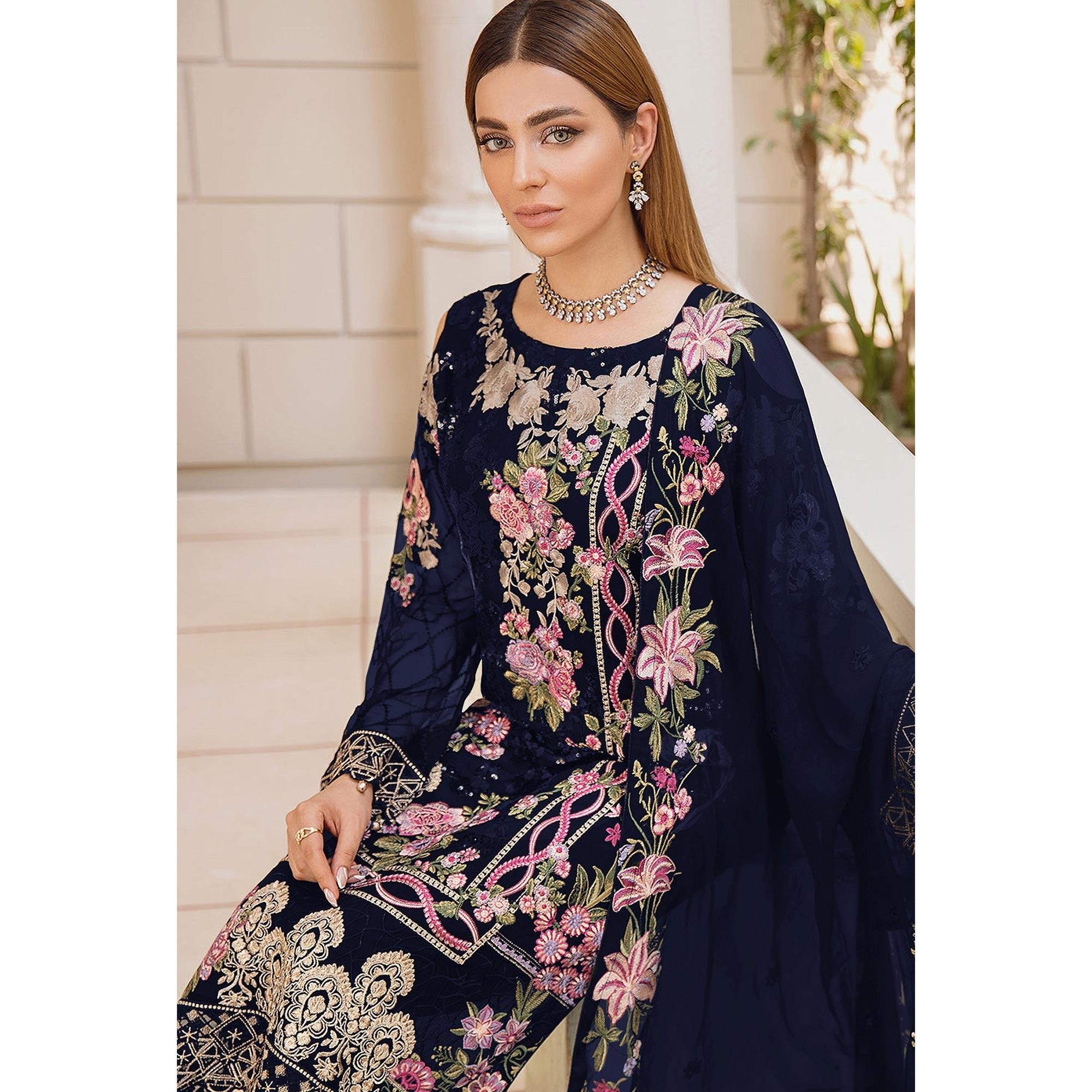 Navy Blue Embroidered Georgette Pakistani Suit - Peachmode