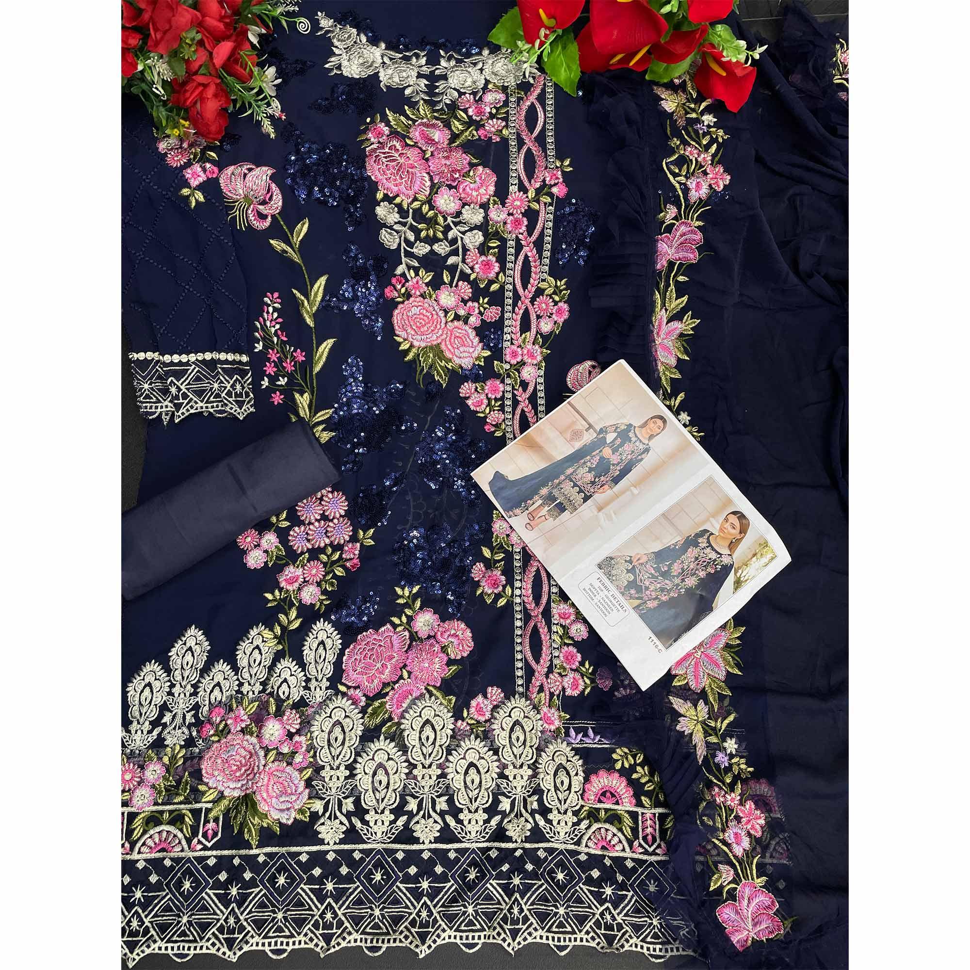 Navy Blue Embroidered Georgette Pakistani Suit - Peachmode