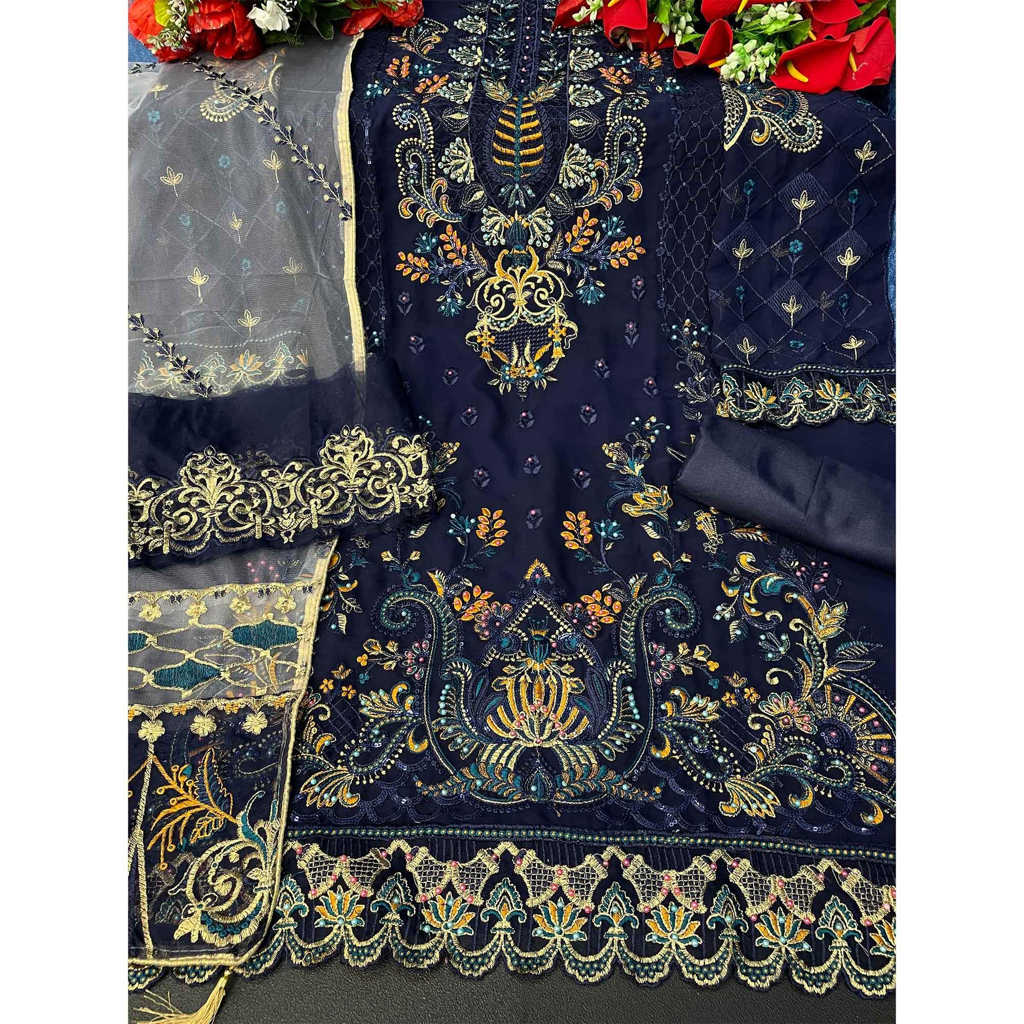 Navy Blue Embroidered Georgette Pakistani Suit - Peachmode