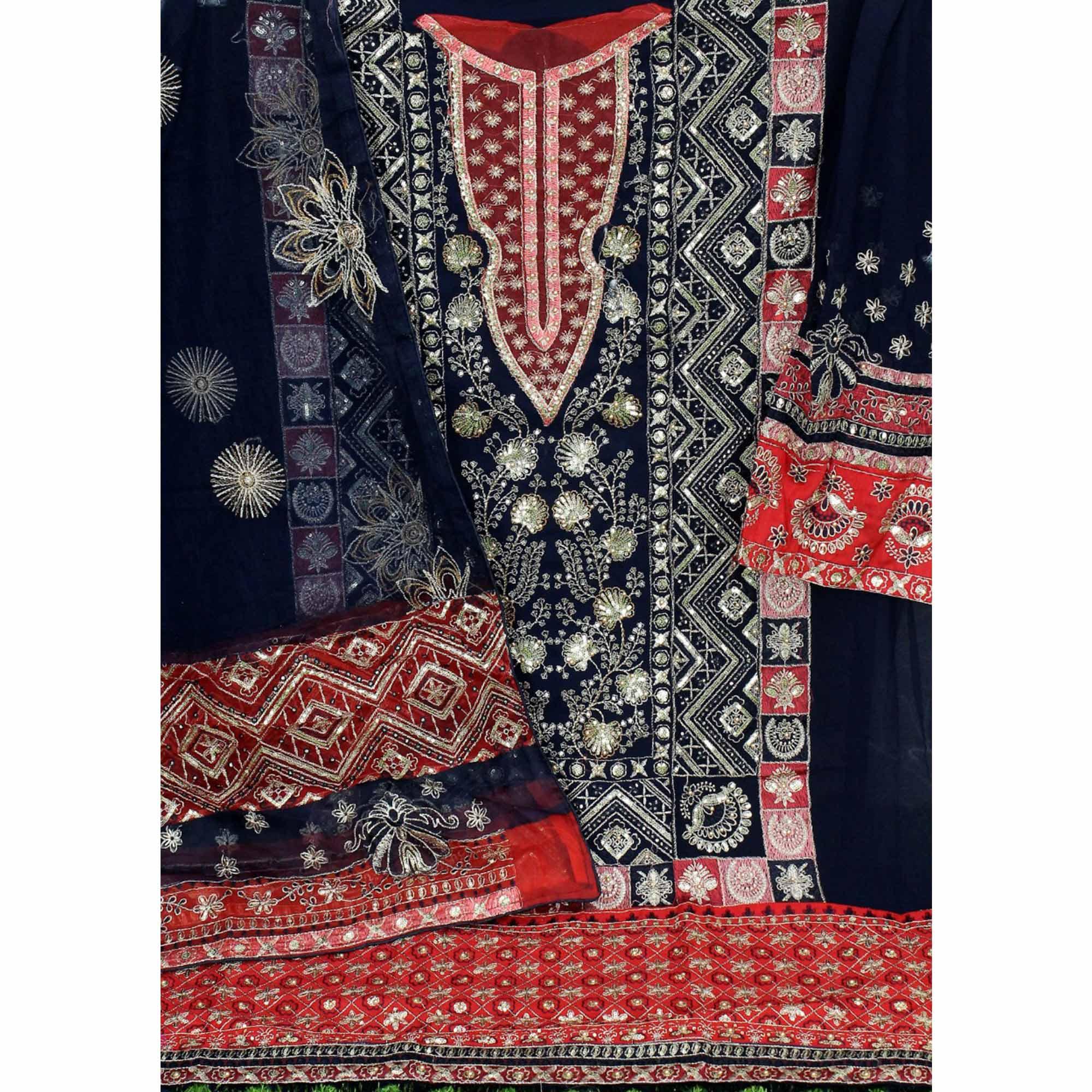 Navy Blue Embroidered Georgette Pakistani Suit - Peachmode