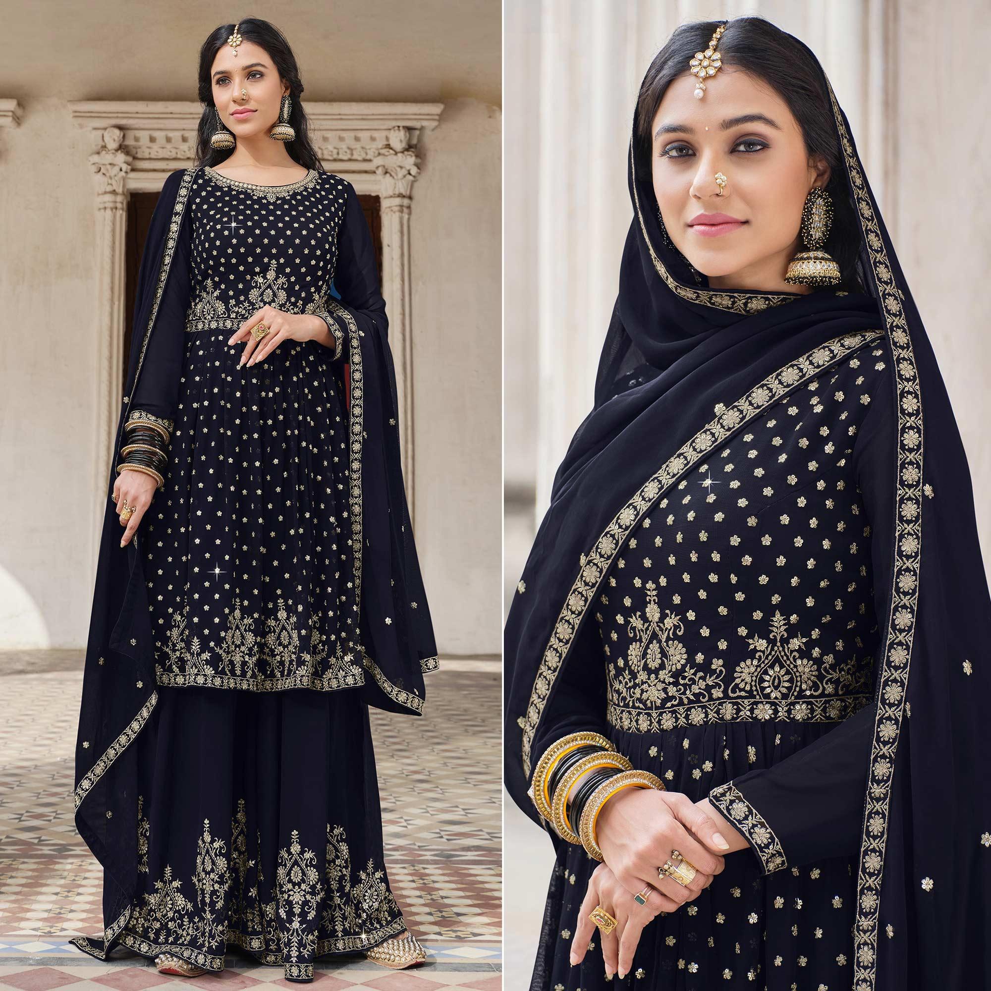 Navy Blue Embroidered Georgette Palazzo Suit - Peachmode