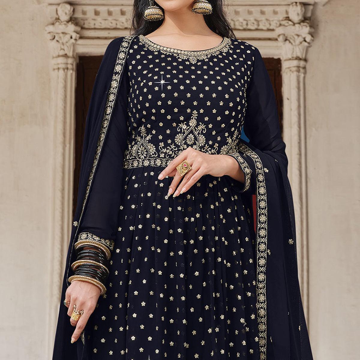 Navy Blue Embroidered Georgette Palazzo Suit - Peachmode