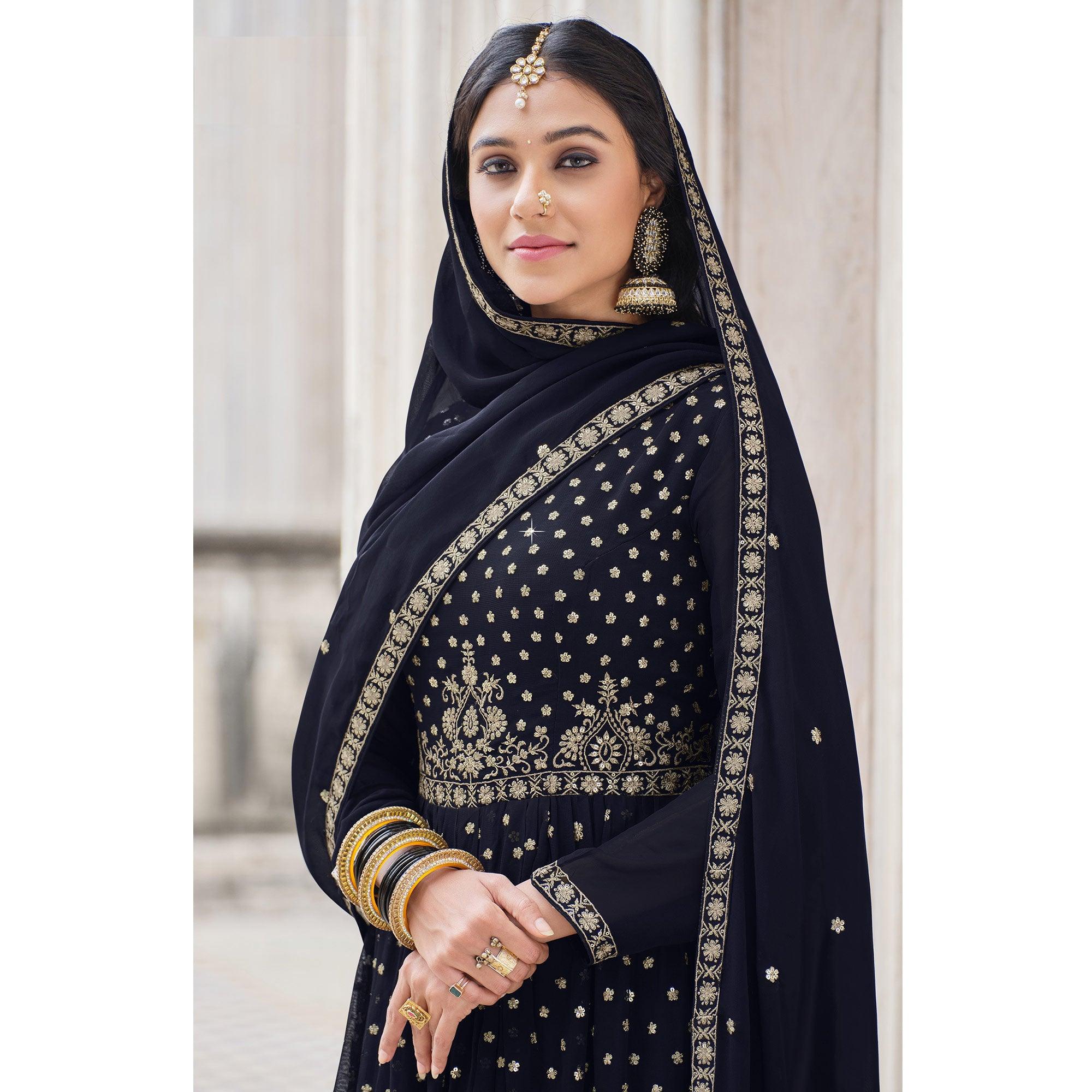 Navy Blue Embroidered Georgette Palazzo Suit - Peachmode