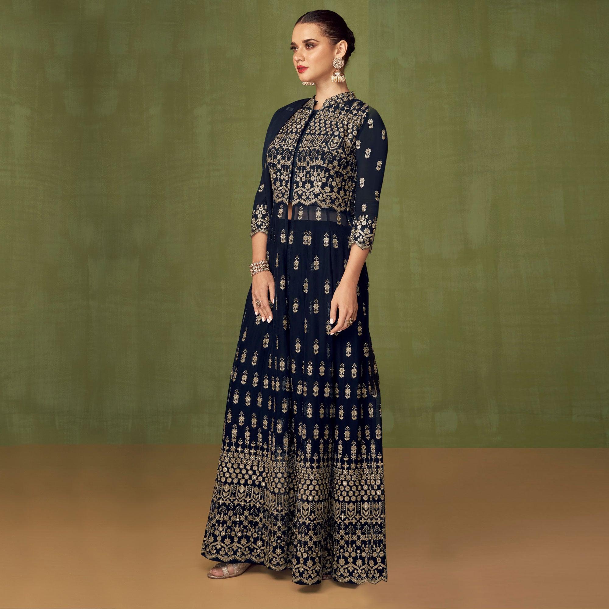 Navy Blue Embroidered Georgette Palazzo Suit - Peachmode