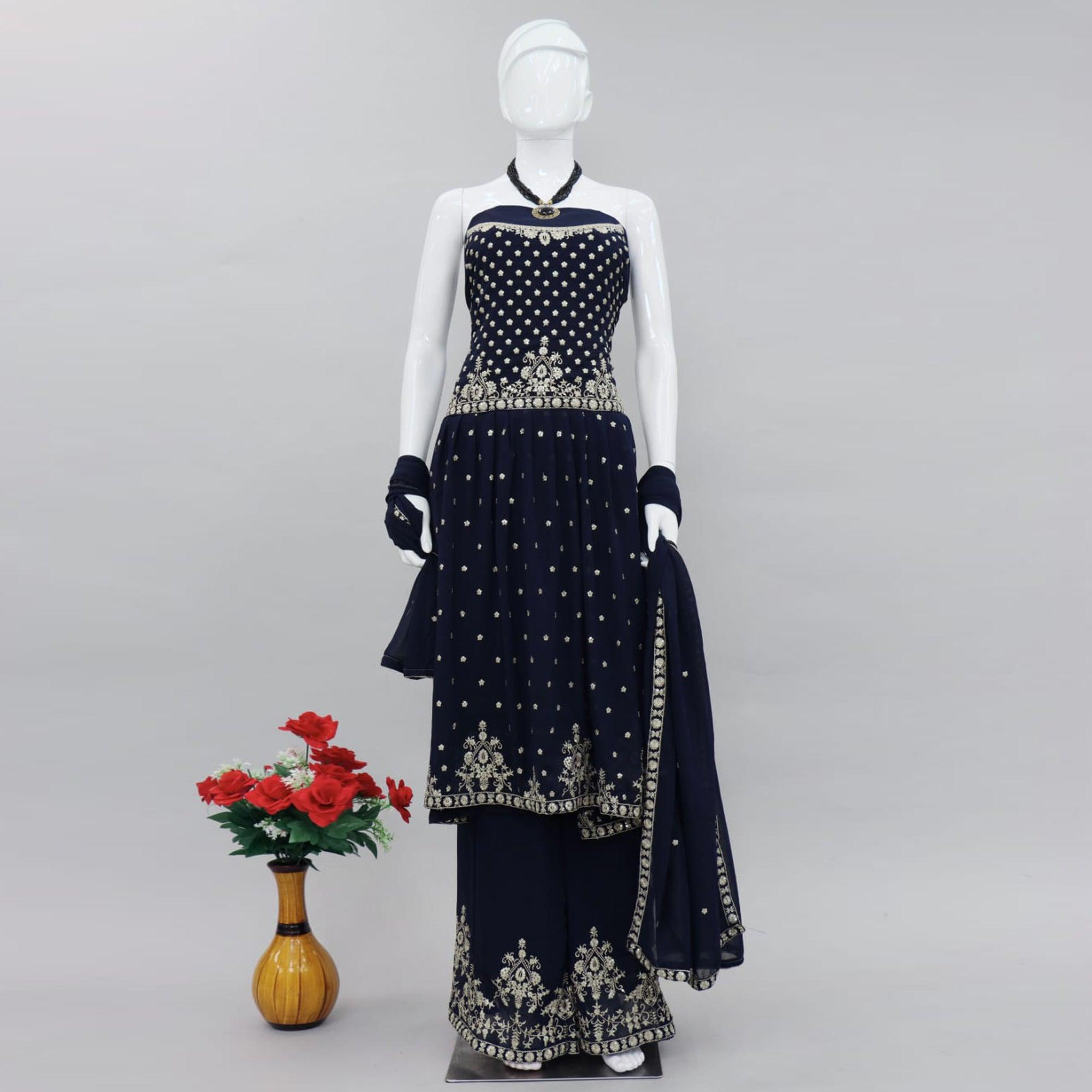 Navy Blue Embroidered Georgette Palazzo Suit - Peachmode