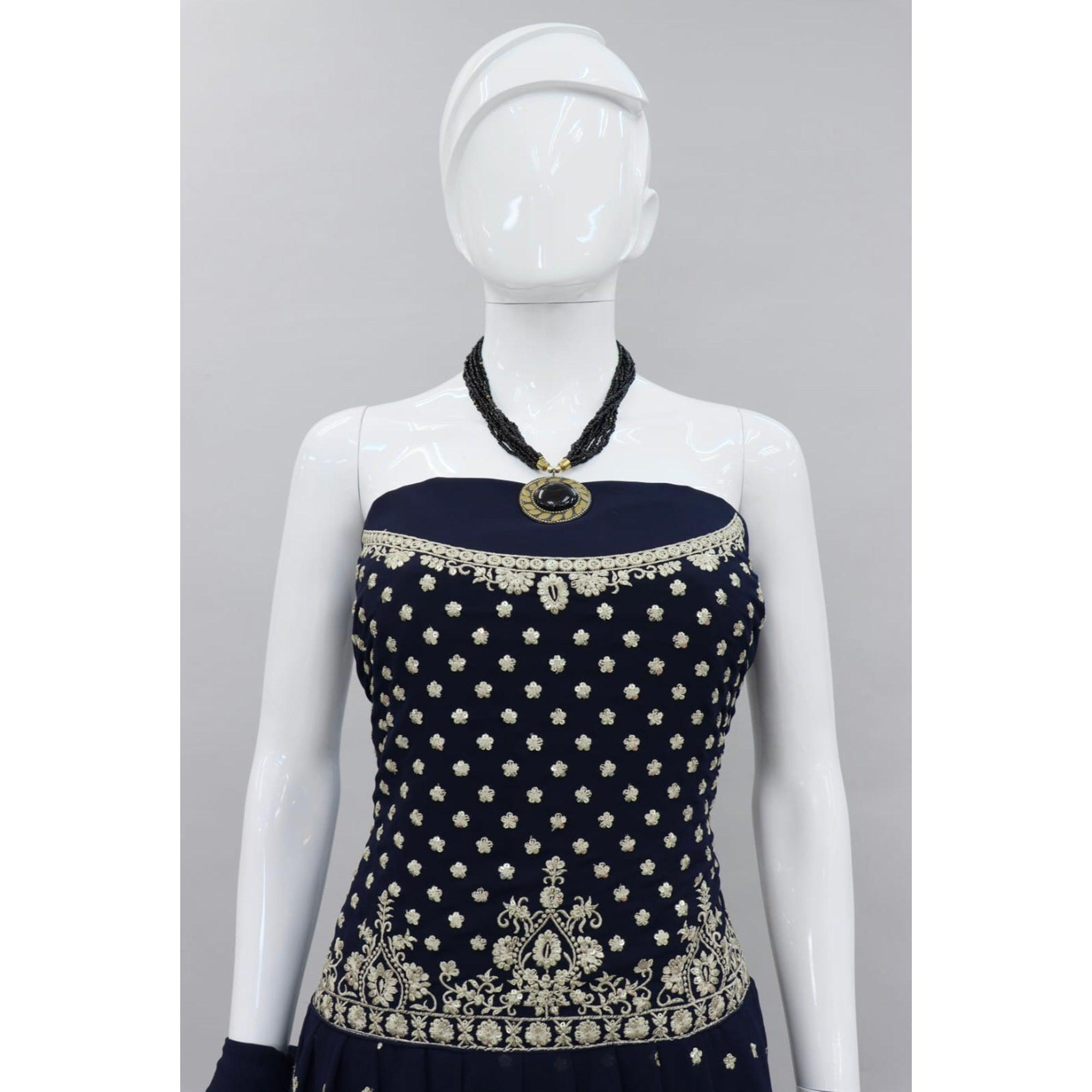 Navy Blue Embroidered Georgette Palazzo Suit - Peachmode