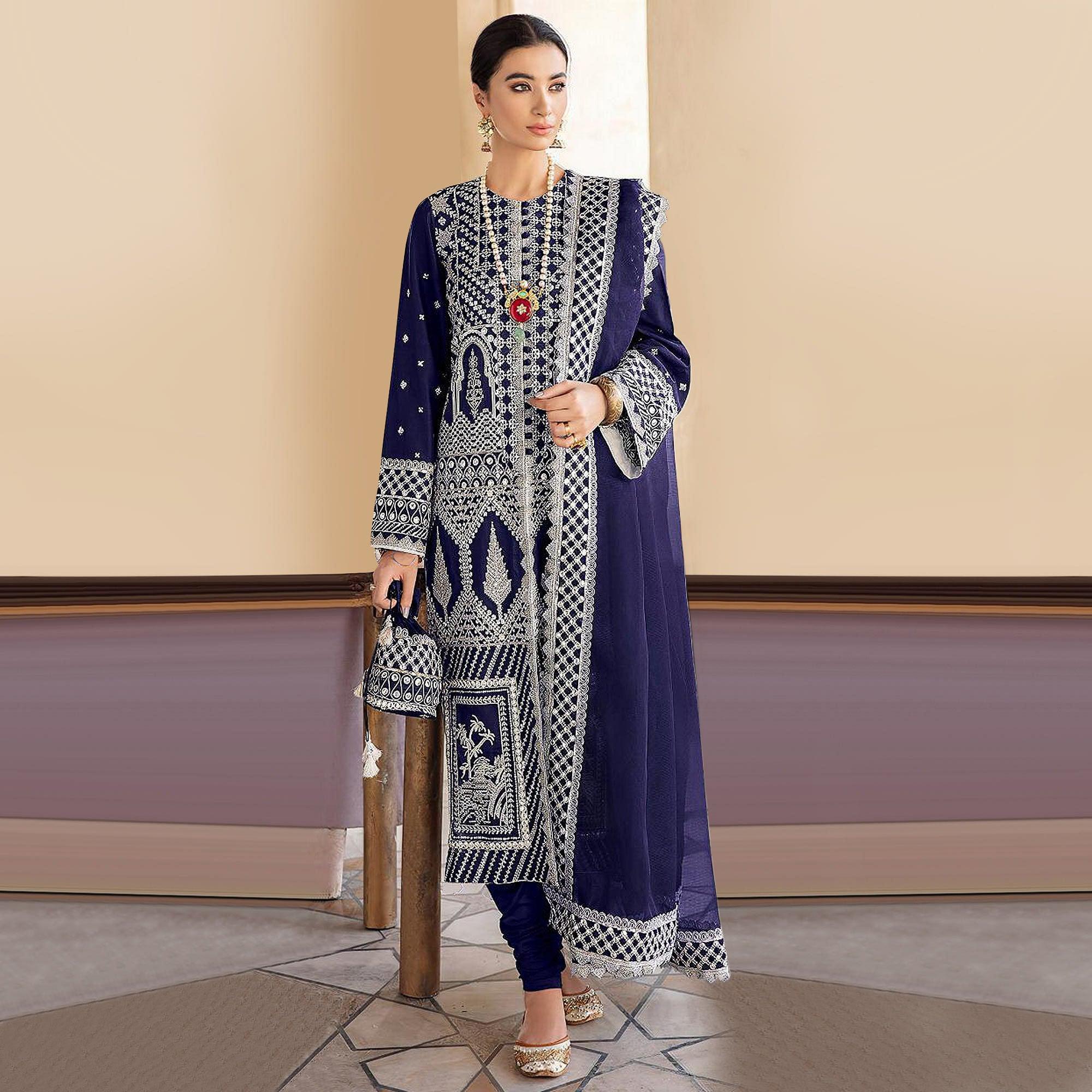 Navy Blue Embroidered Georgette Partywear Pakistani Suit - Peachmode