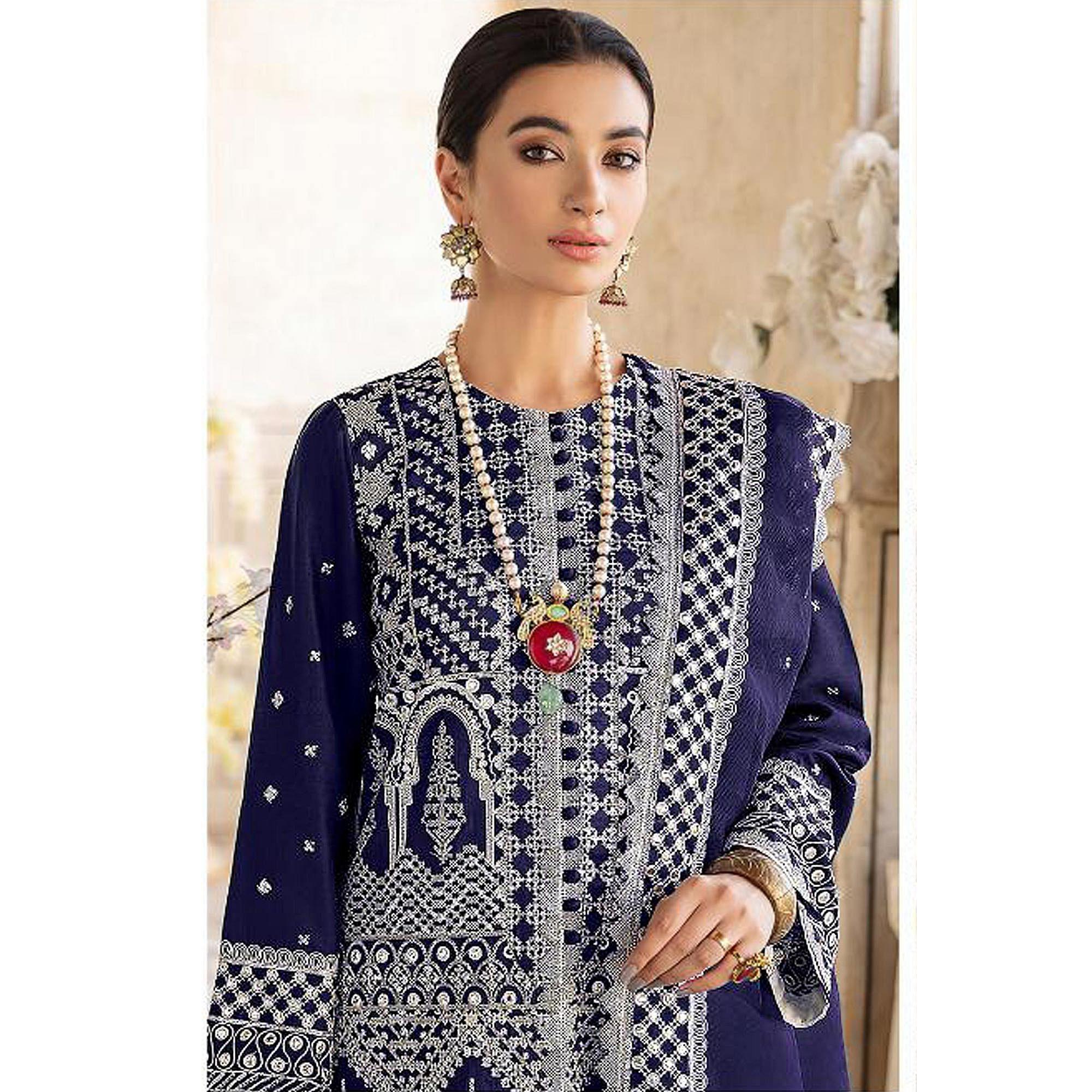 Navy Blue Embroidered Georgette Partywear Pakistani Suit - Peachmode