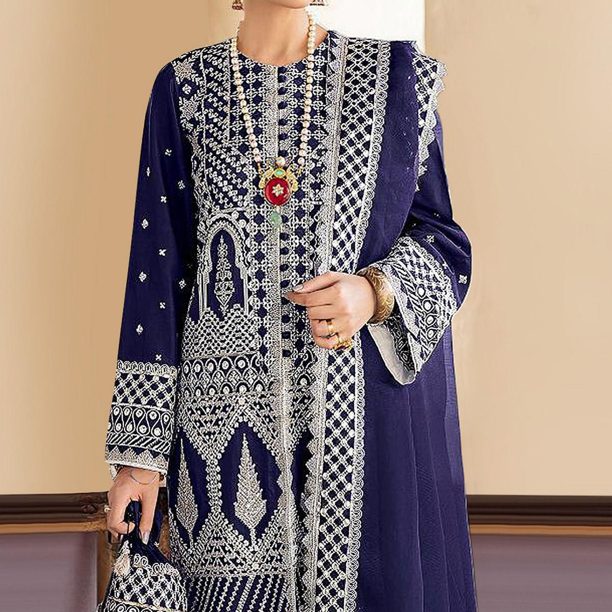 Navy Blue Embroidered Georgette Partywear Pakistani Suit - Peachmode