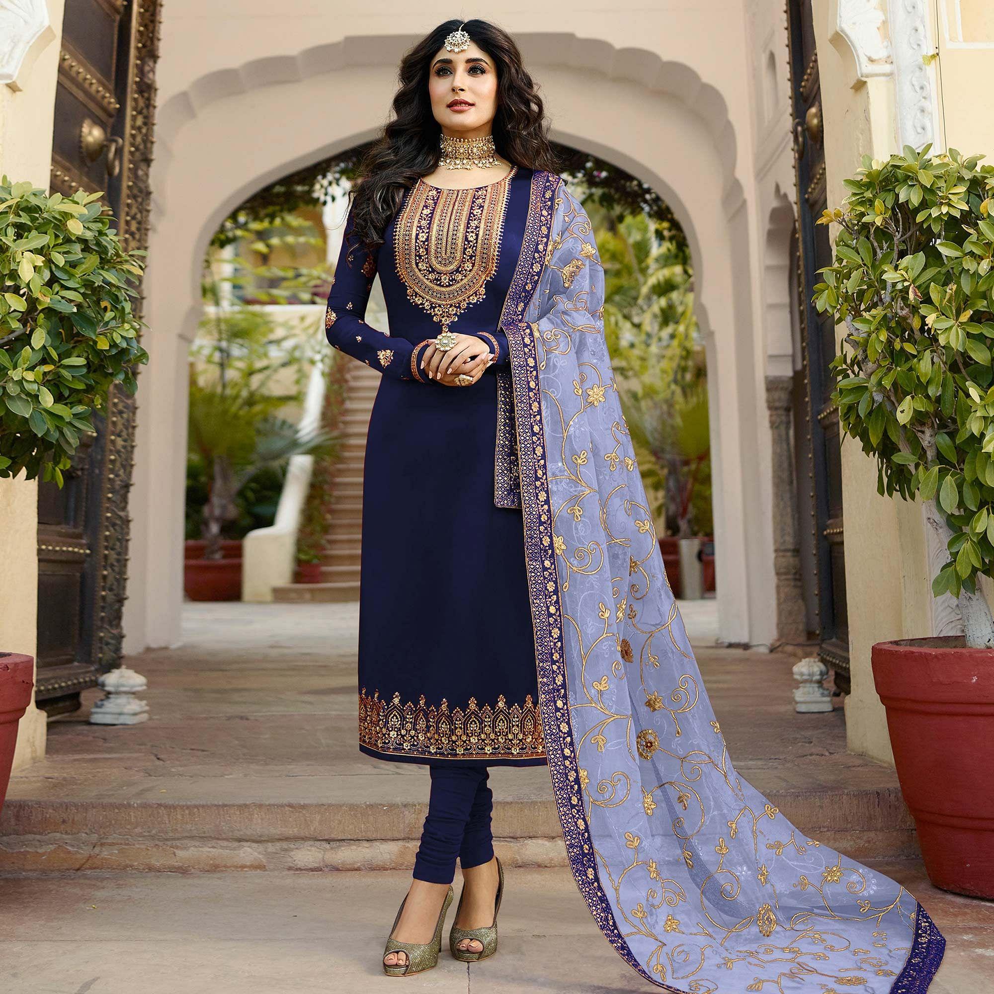 Navy Blue Embroidered Georgette Partywear Suit - Peachmode