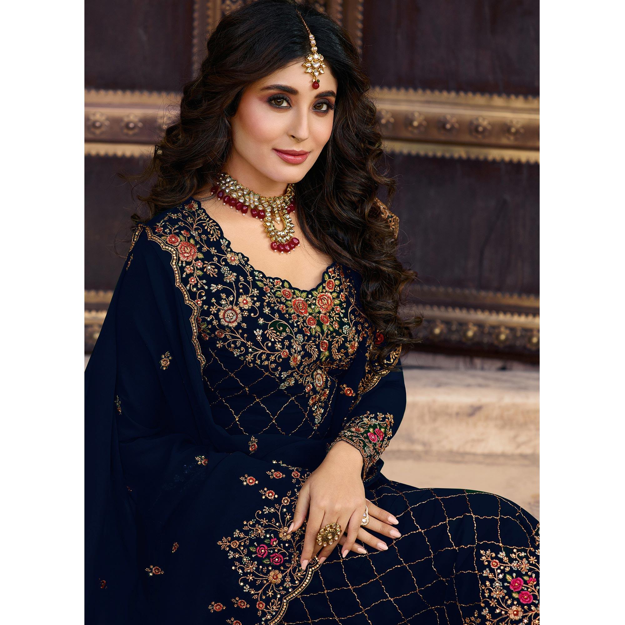 Navy Blue Embroidered Georgette Partywear Suit - Peachmode