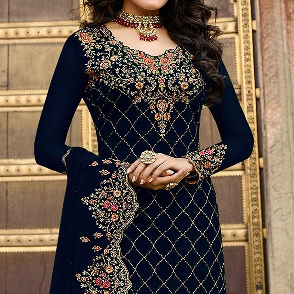 Navy Blue Embroidered Georgette Partywear Suit - Peachmode