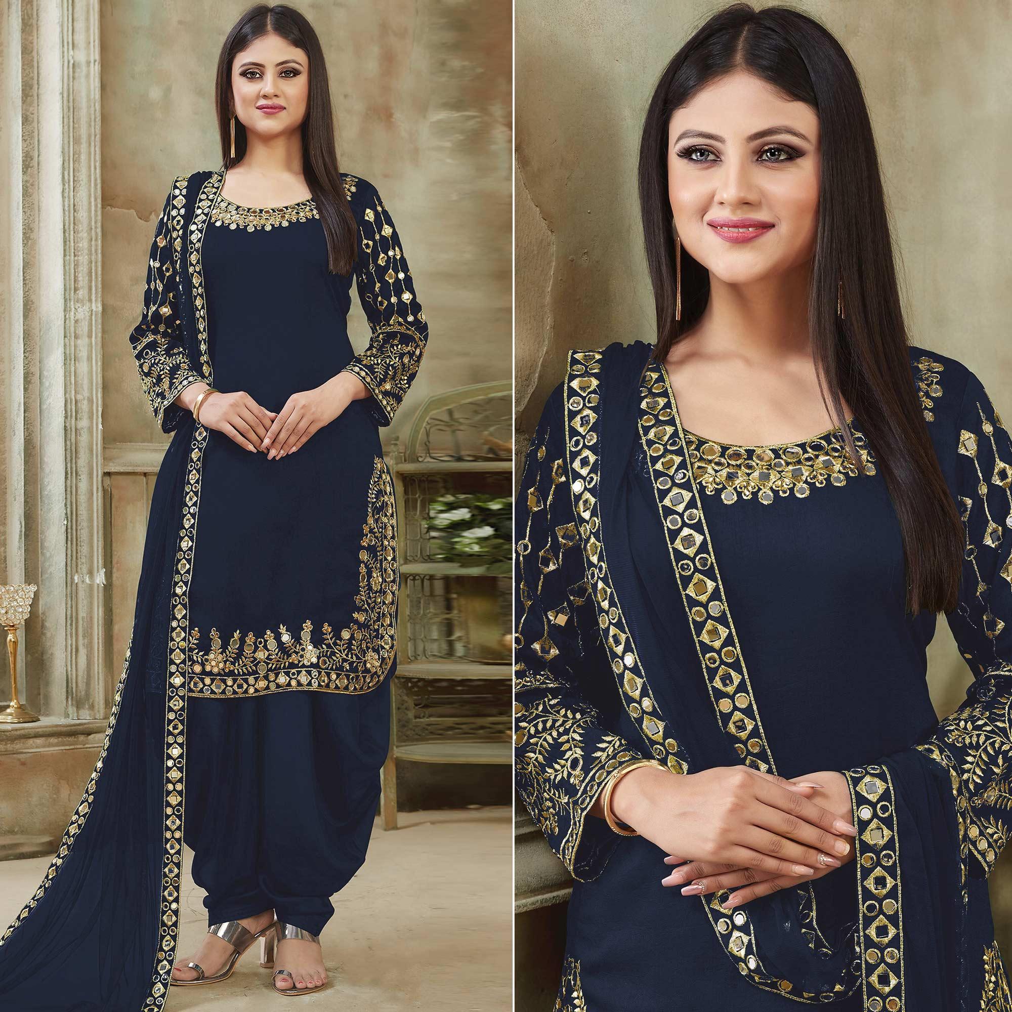 Navy Blue Embroidered Georgette Patiala Suit - Peachmode