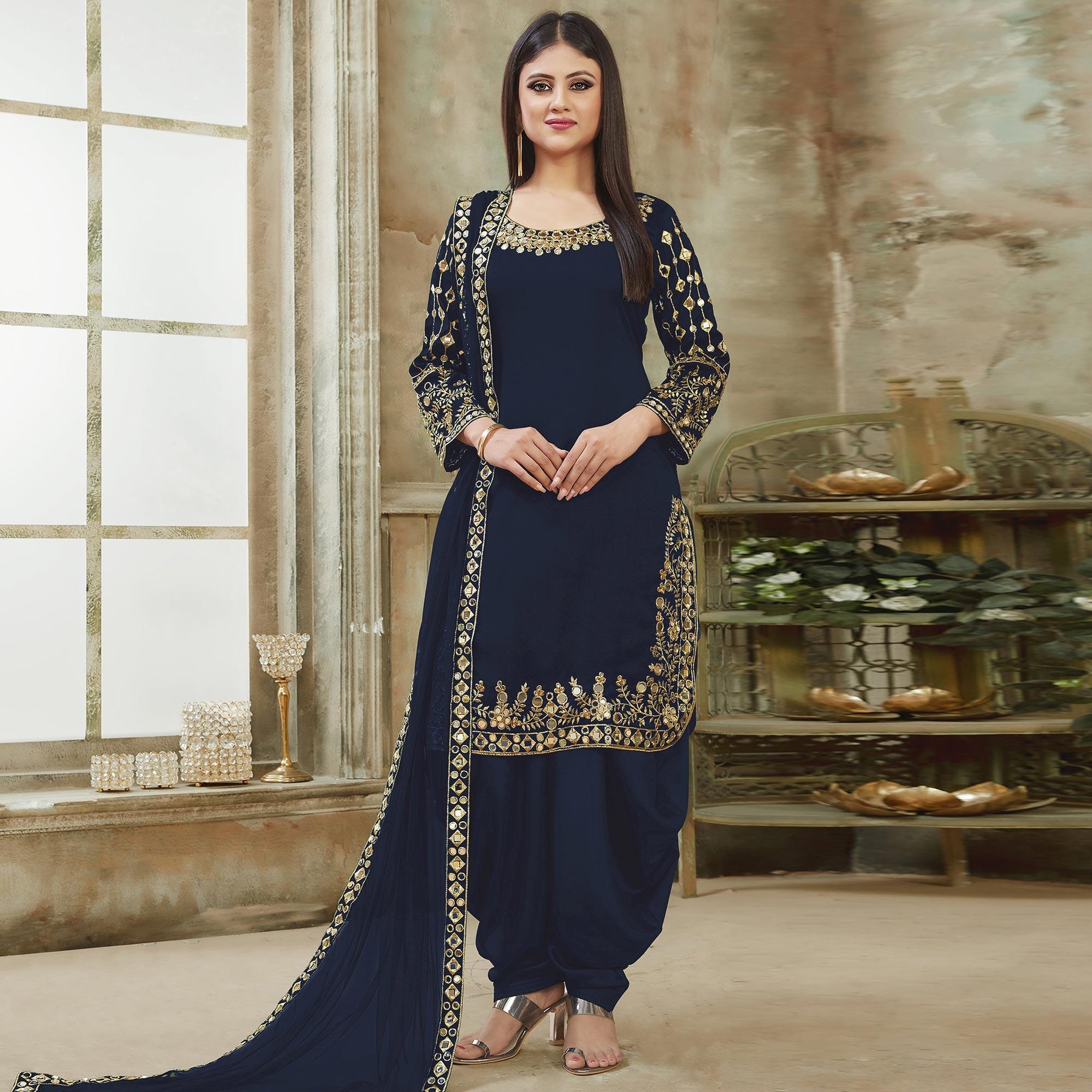 Navy Blue Embroidered Georgette Patiala Suit - Peachmode