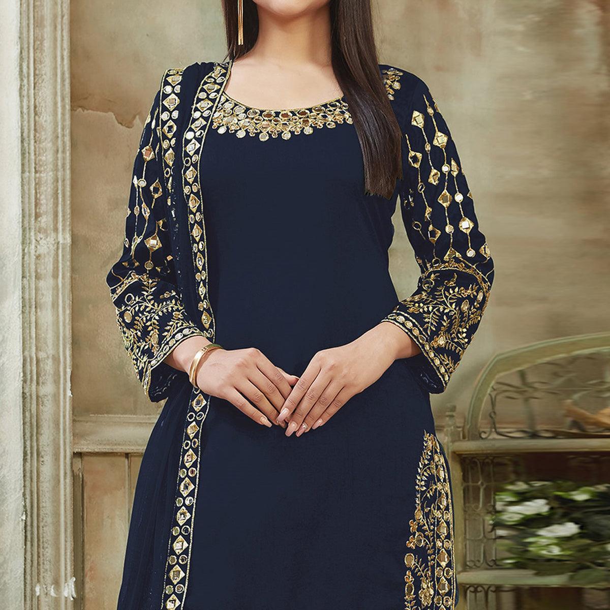 Navy Blue Embroidered Georgette Patiala Suit - Peachmode