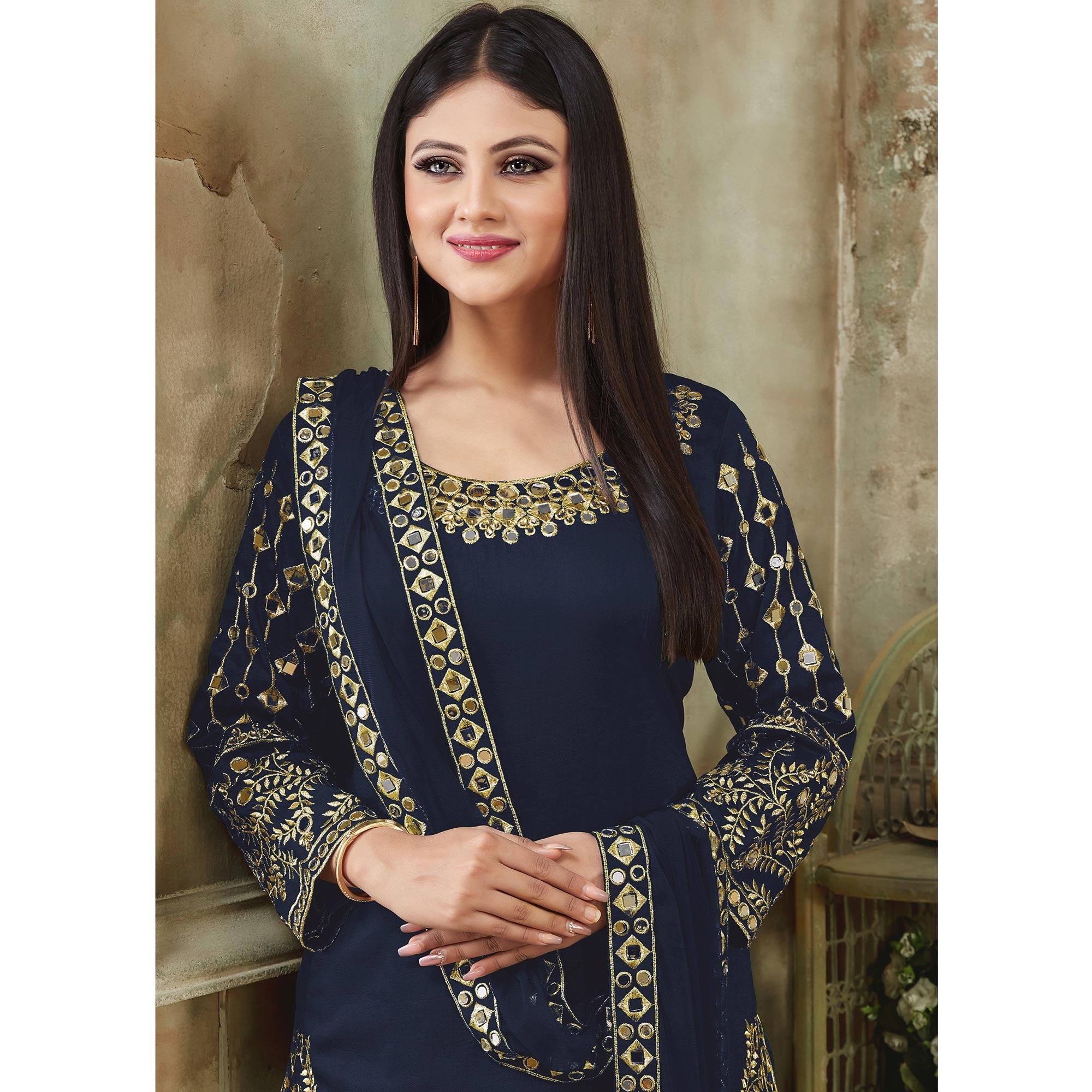 Navy Blue Embroidered Georgette Patiala Suit - Peachmode