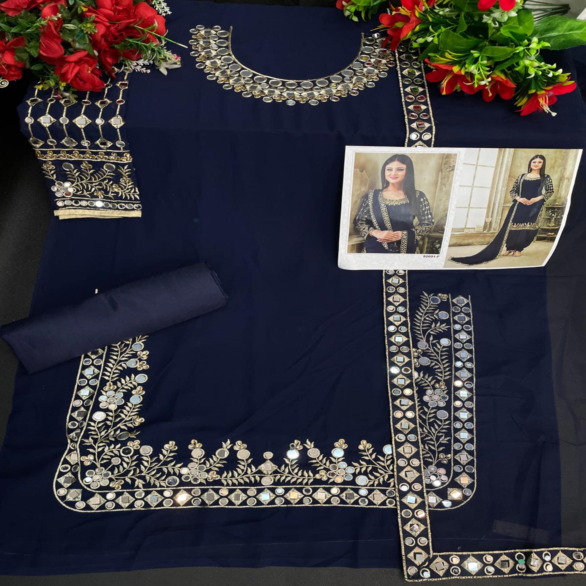 Navy Blue Embroidered Georgette Patiala Suit - Peachmode