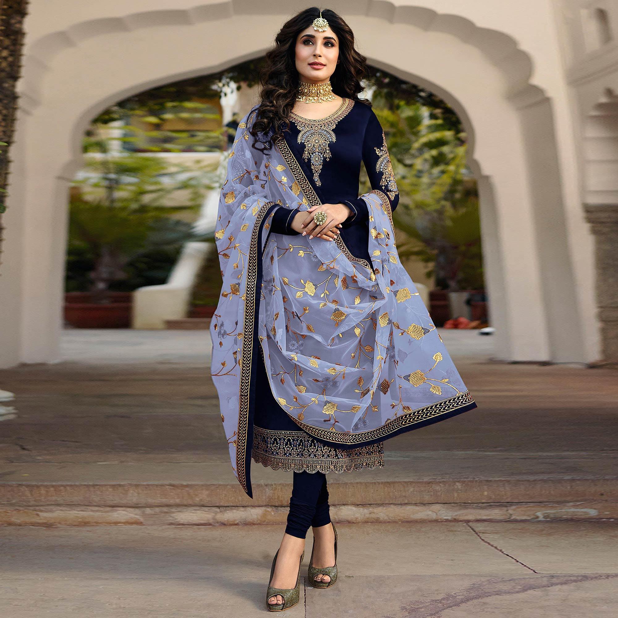 Navy Blue Embroidered Georgette Salwar Suit - Peachmode