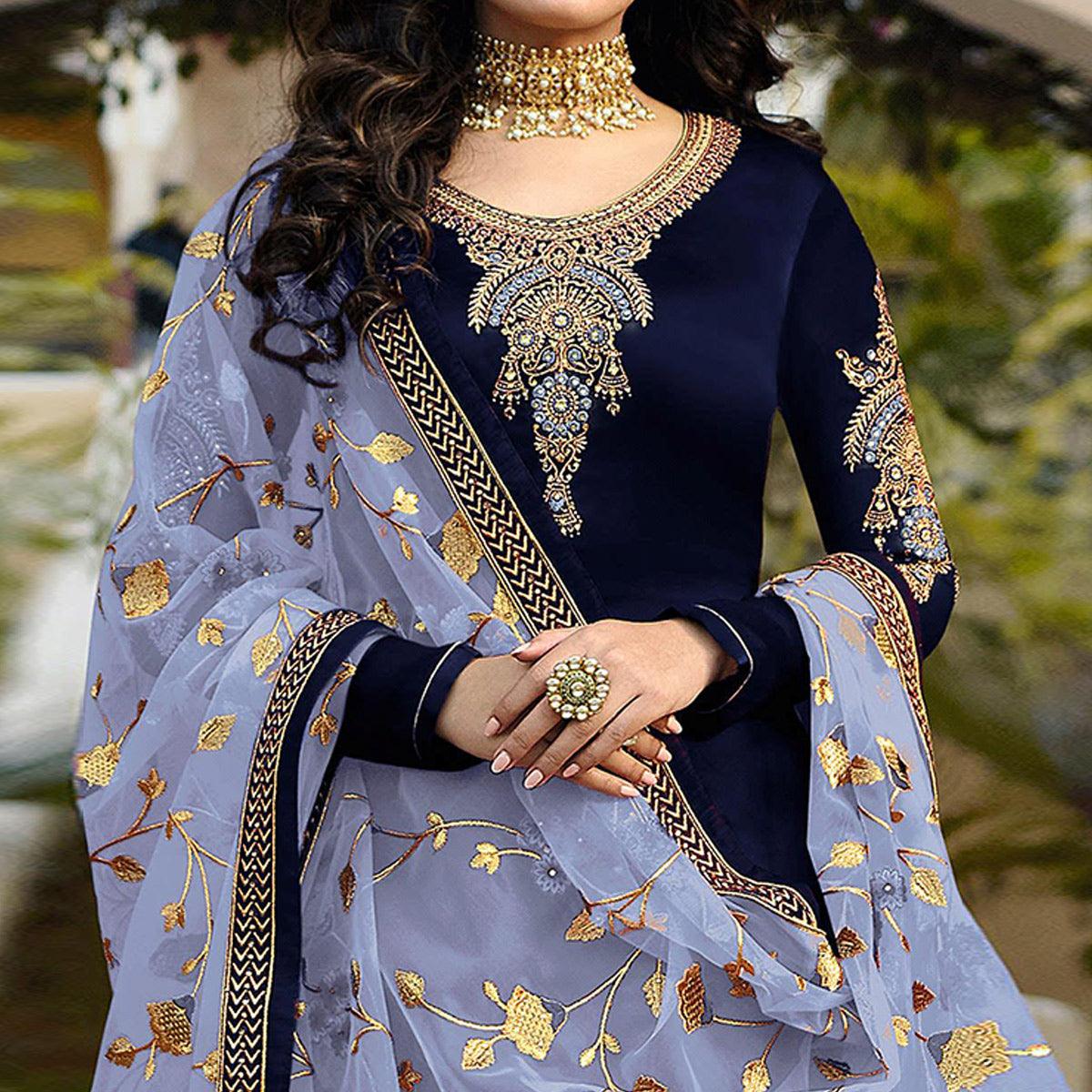 Navy Blue Embroidered Georgette Salwar Suit - Peachmode