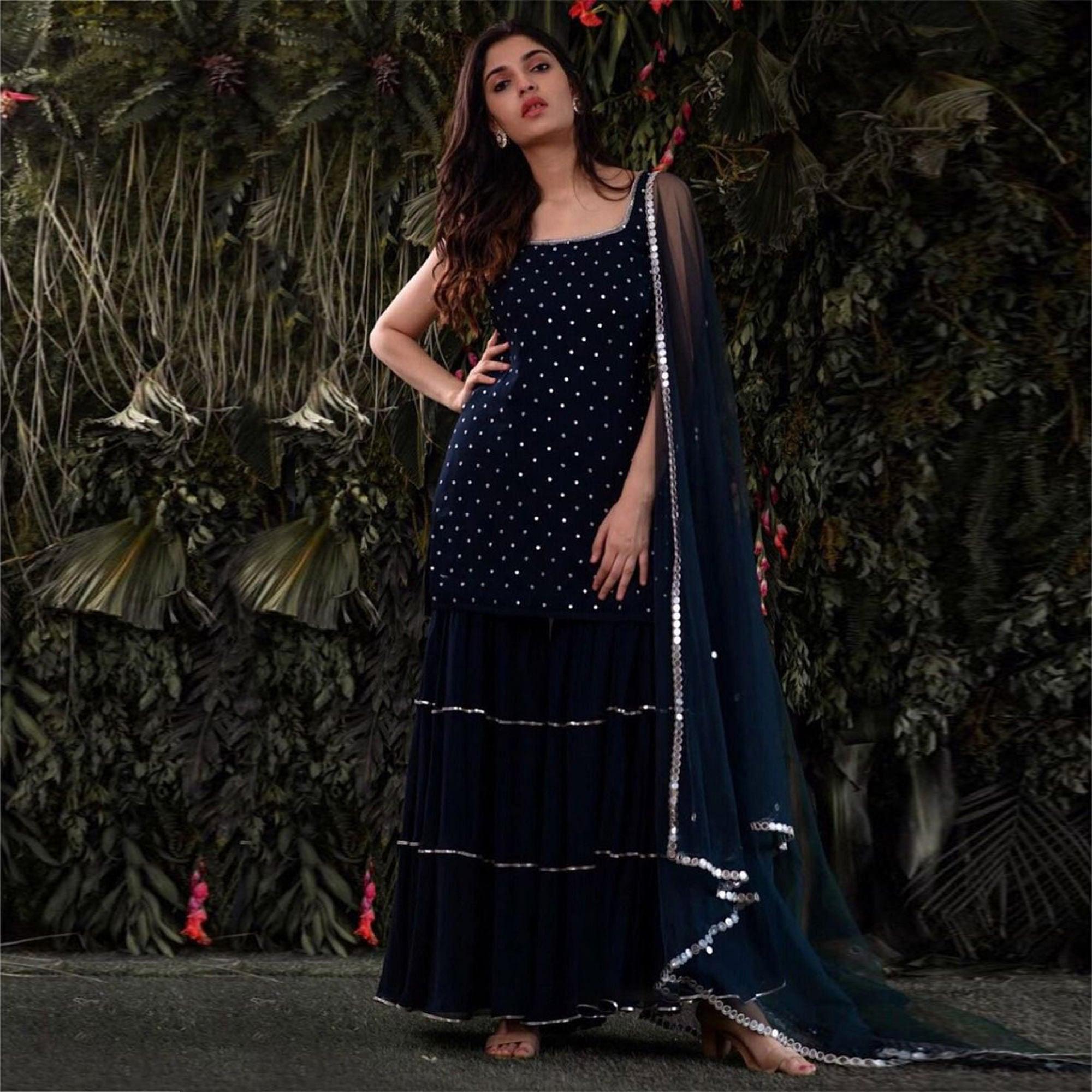 Navy Blue Embroidered Georgette Sharara Suit - Peachmode