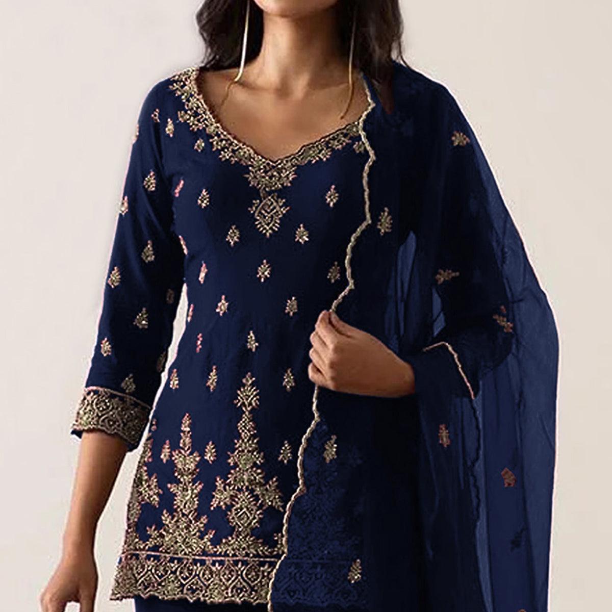 Navy Blue Embroidered Georgette Sharara Suit - Peachmode