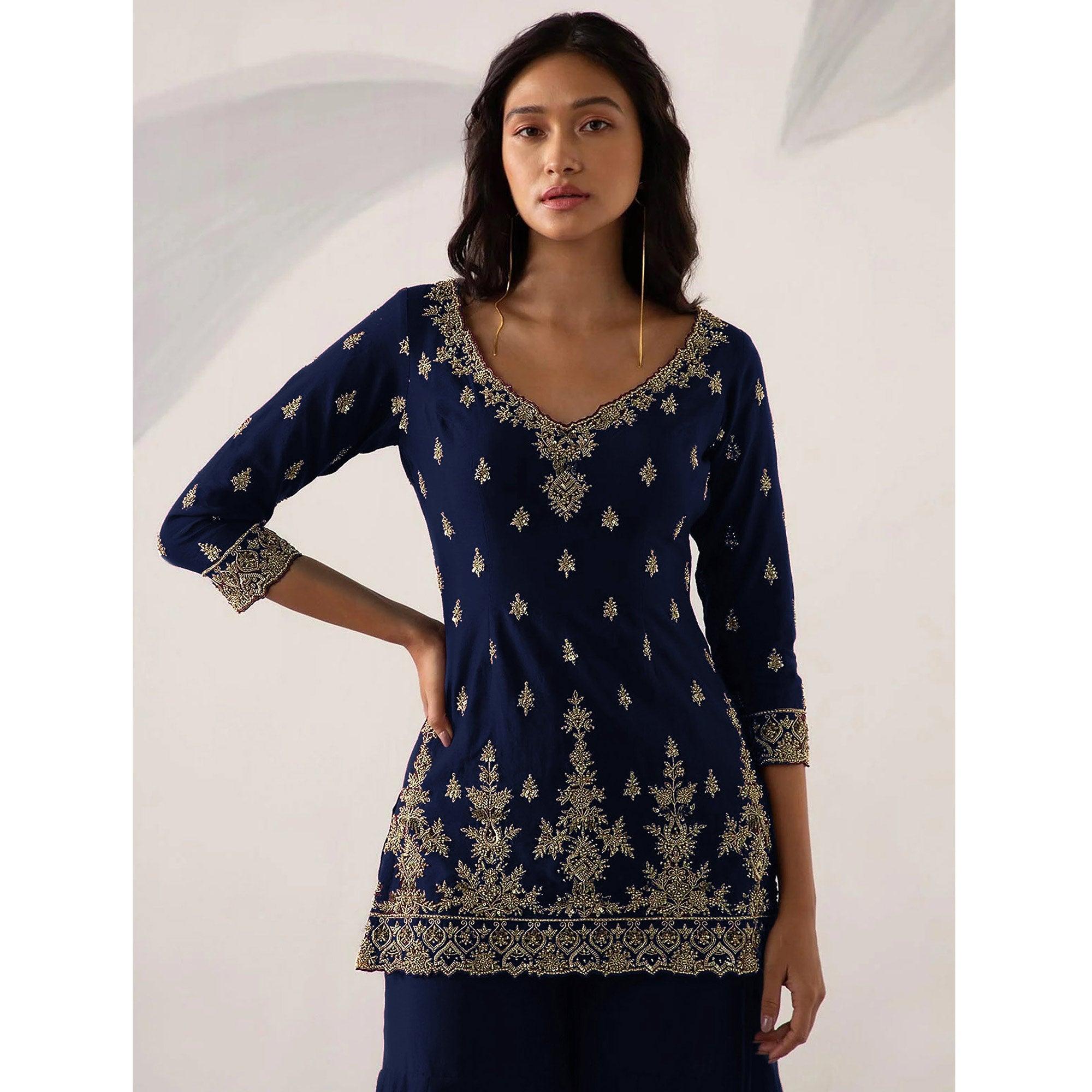 Navy Blue Embroidered Georgette Sharara Suit - Peachmode