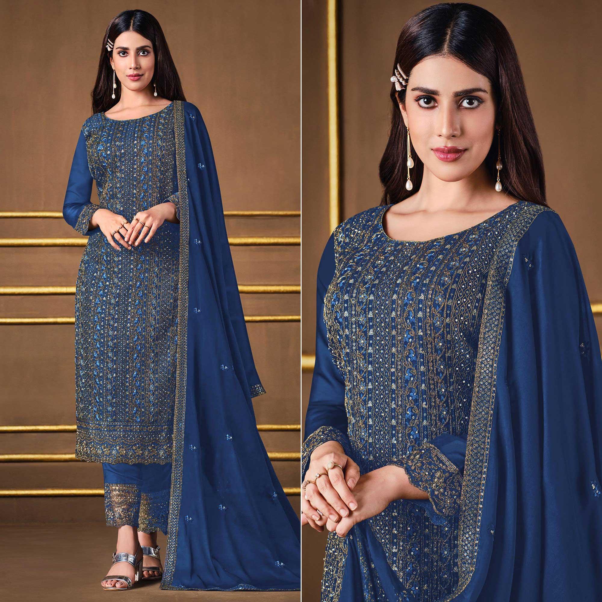 Navy Blue Embroidered Georgette Suit - Peachmode