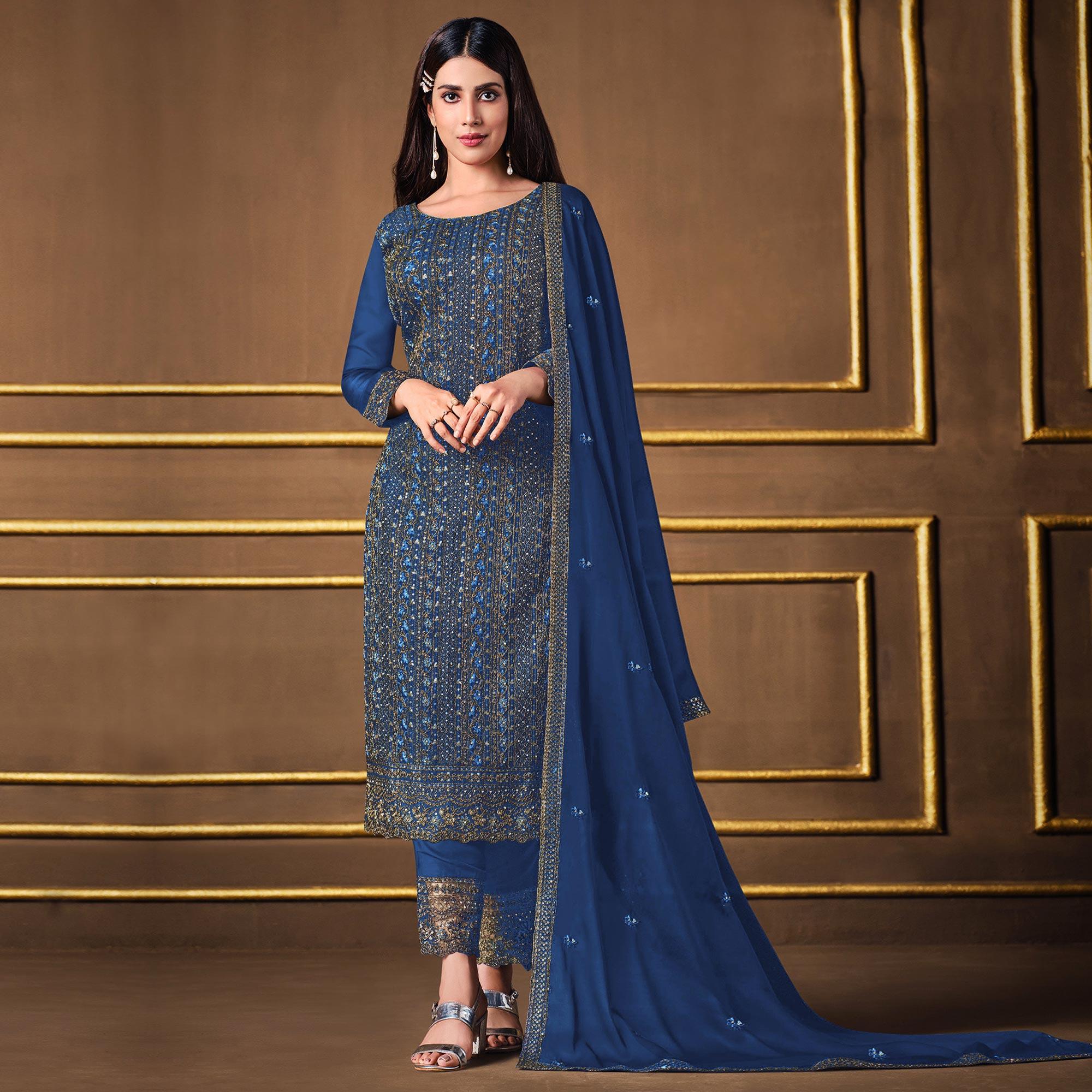Navy Blue Embroidered Georgette Suit - Peachmode