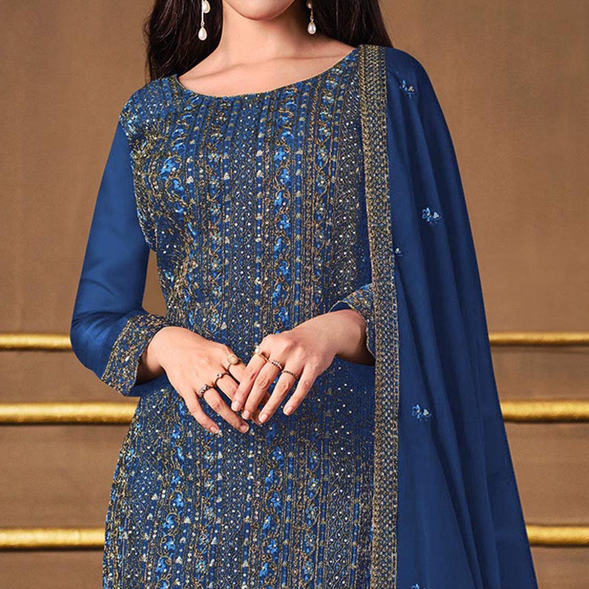 Navy Blue Embroidered Georgette Suit - Peachmode