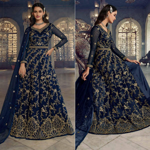 Navy Blue Embroidered Netted Anarkali Style Gown - Peachmode