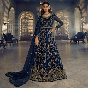 Navy Blue Embroidered Netted Anarkali Style Gown - Peachmode