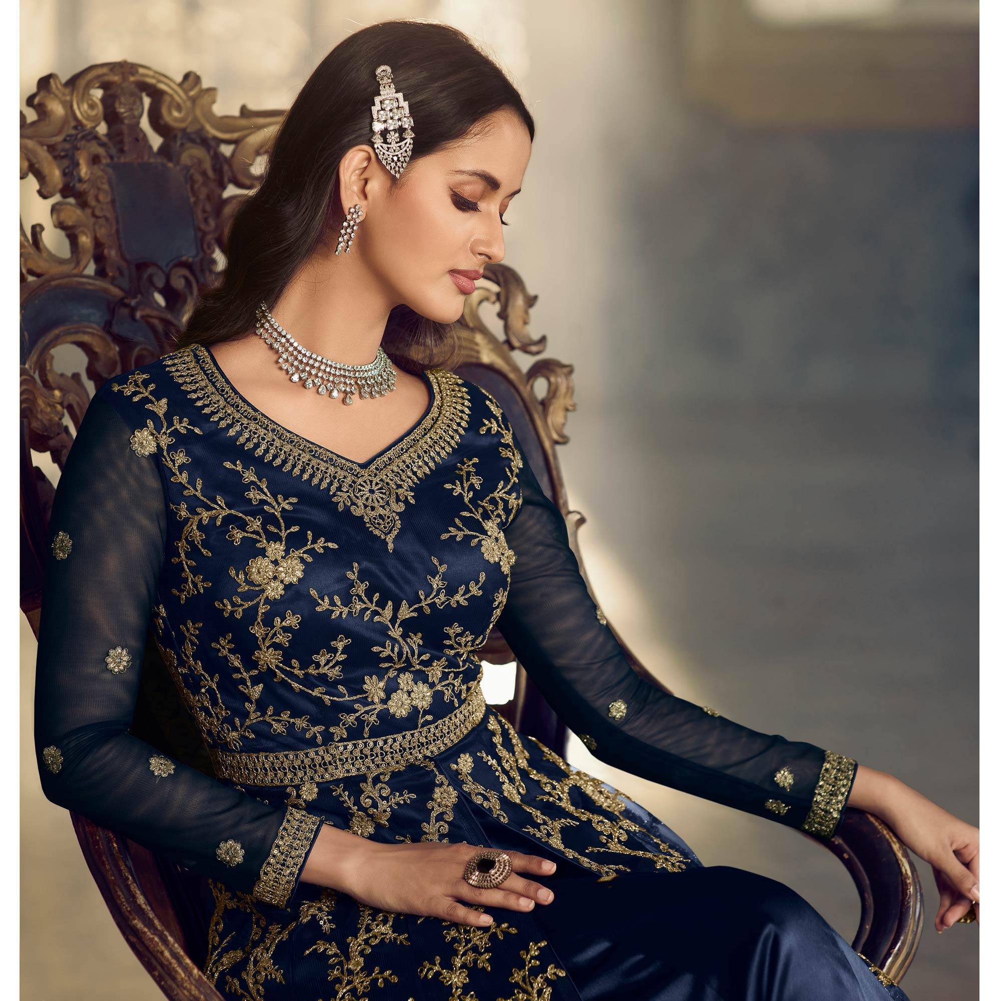 Navy Blue Embroidered Netted Anarkali Style Gown - Peachmode